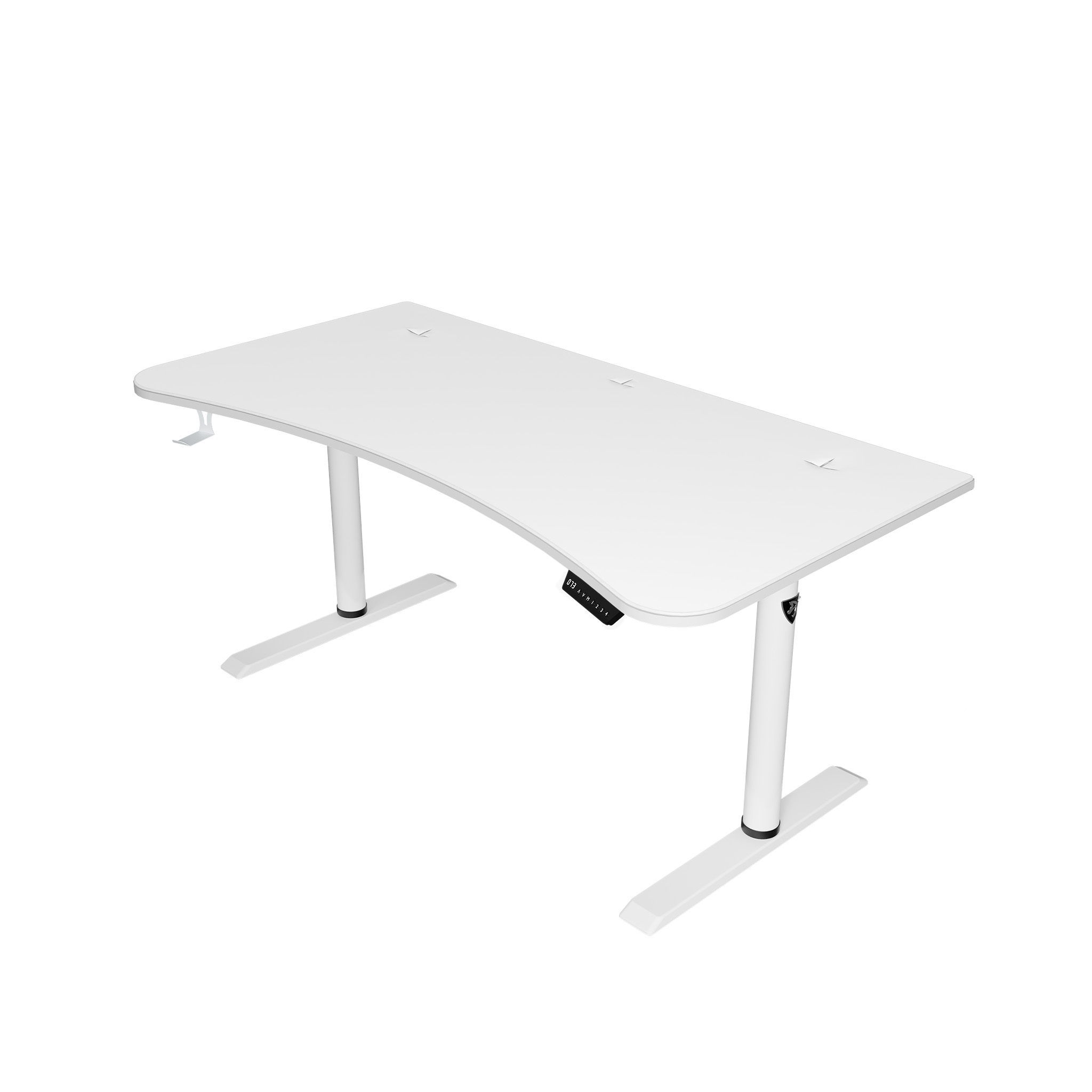 Een wit in hoogte verstelbaar bureau met gebogen blad en zwart bedieningspaneel.