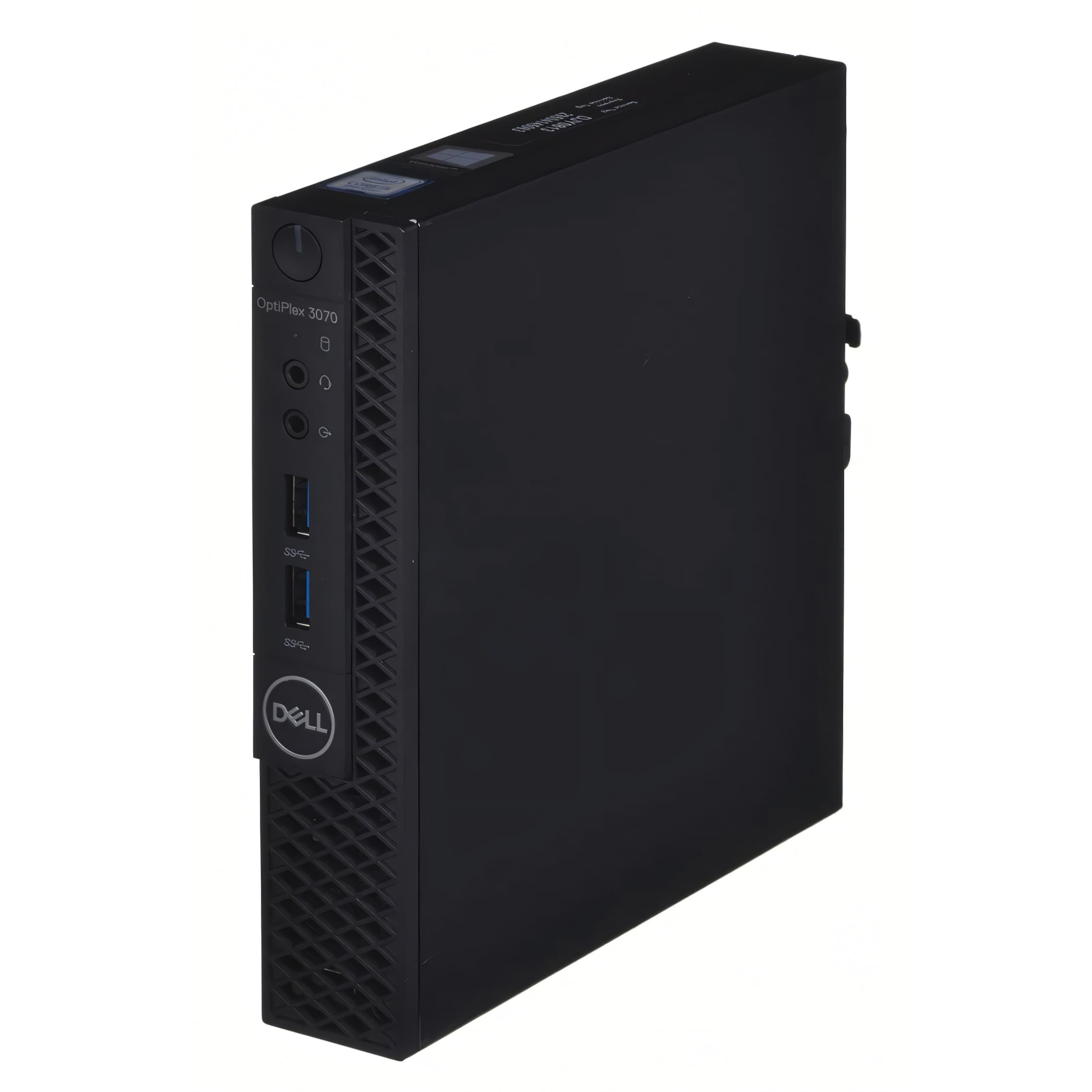 Mini PC Dell OptiPlex 3070 negro con puertos frontales y logo de Dell.