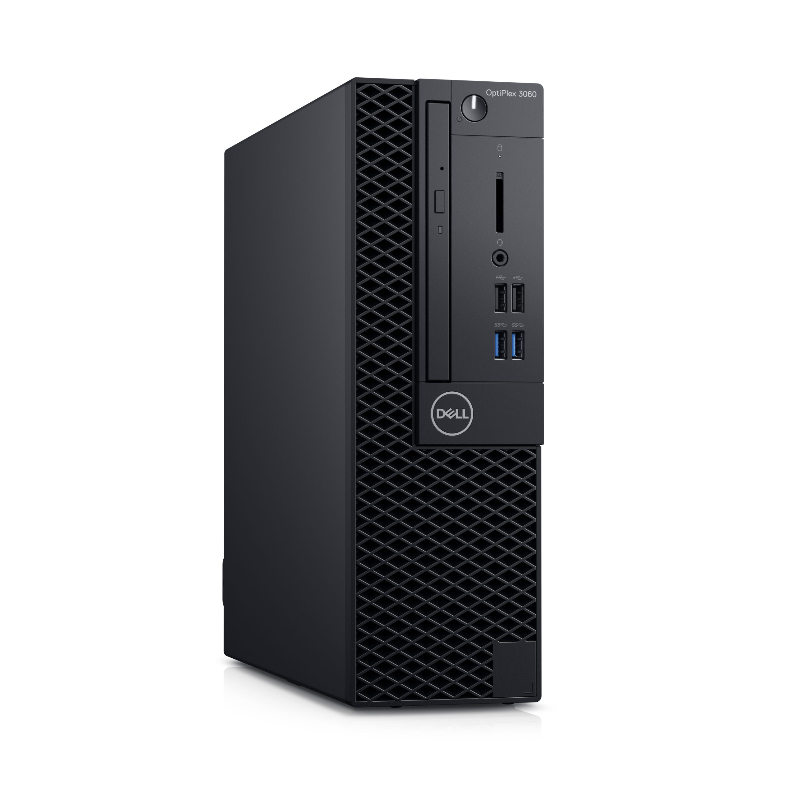 Un ordenador de sobremesa Dell OptiPlex 3060 negro con rejilla de ventilación.