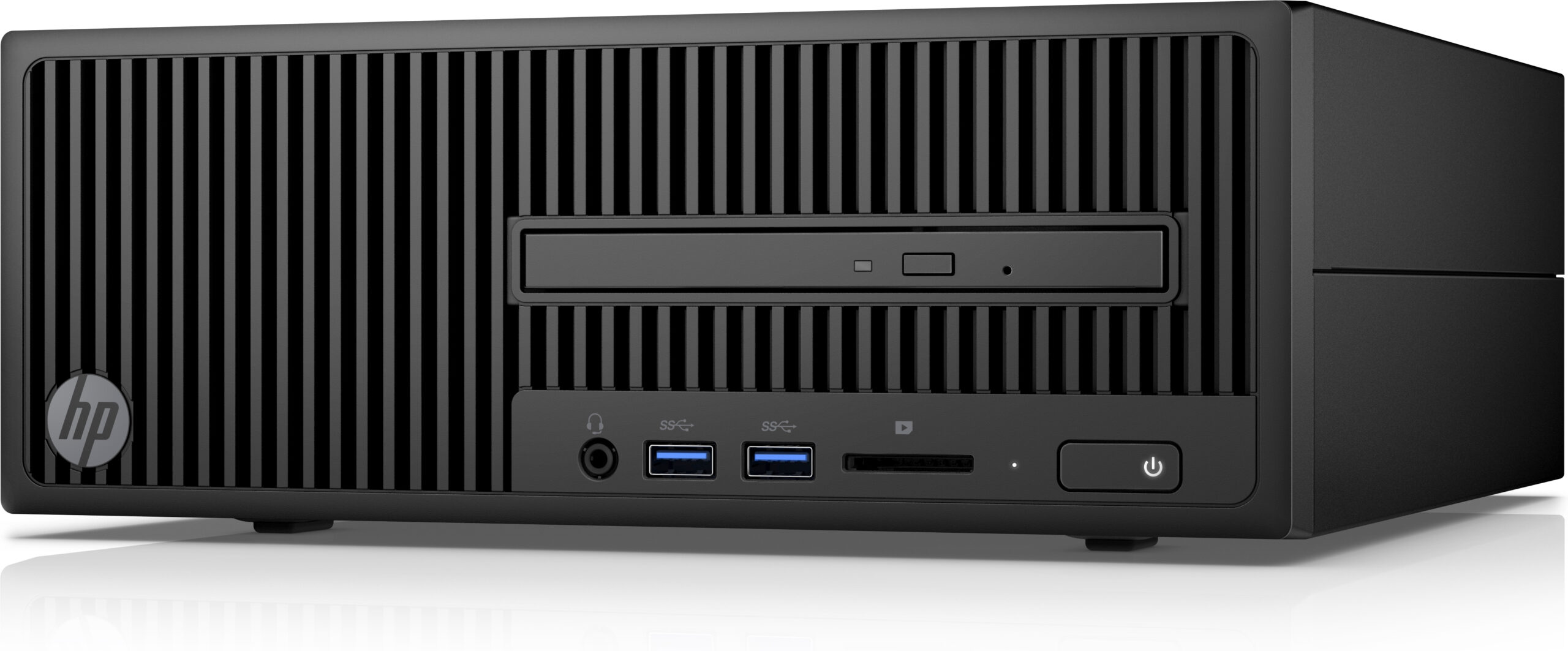 Ordenador de sobremesa HP negro con ranuras de ventilación, unidad óptica y puertos.