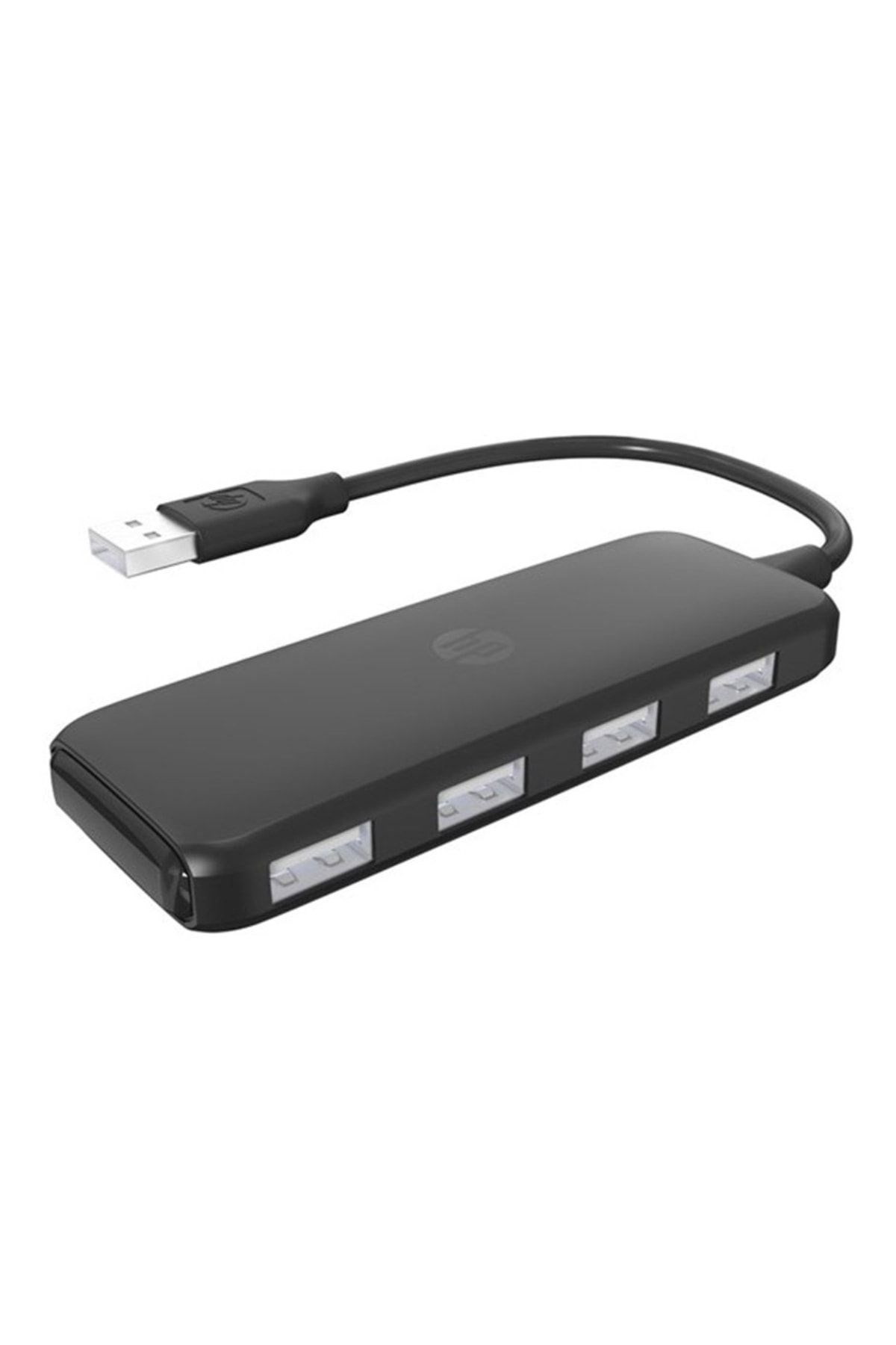 Hub USB nero con quattro porte e logo HP. Un cavo USB si estende da esso.