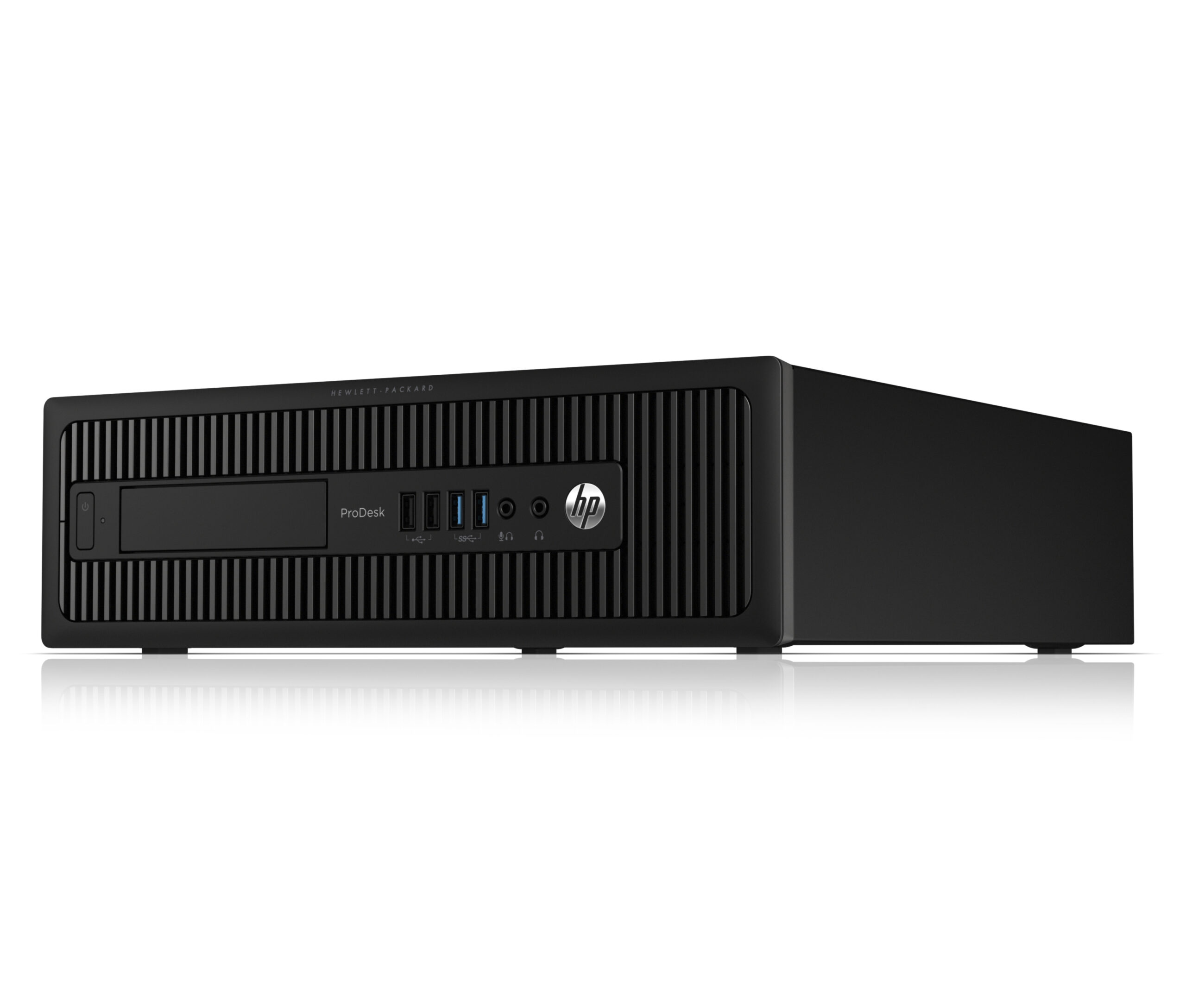 Computadora negra HP ProDesk con puertos USB y botón de encendido al frente.