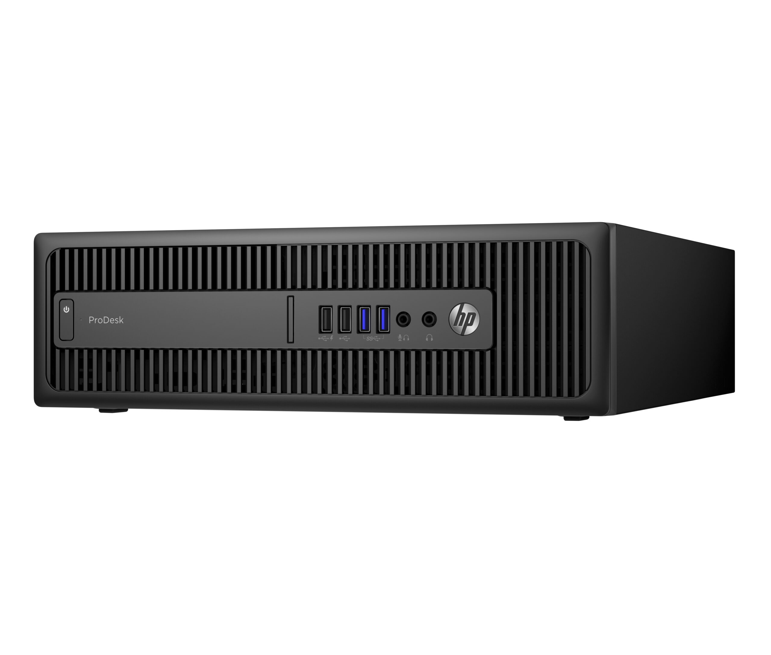Ordenador de sobremesa HP ProDesk negro con puertos USB y logo HP.