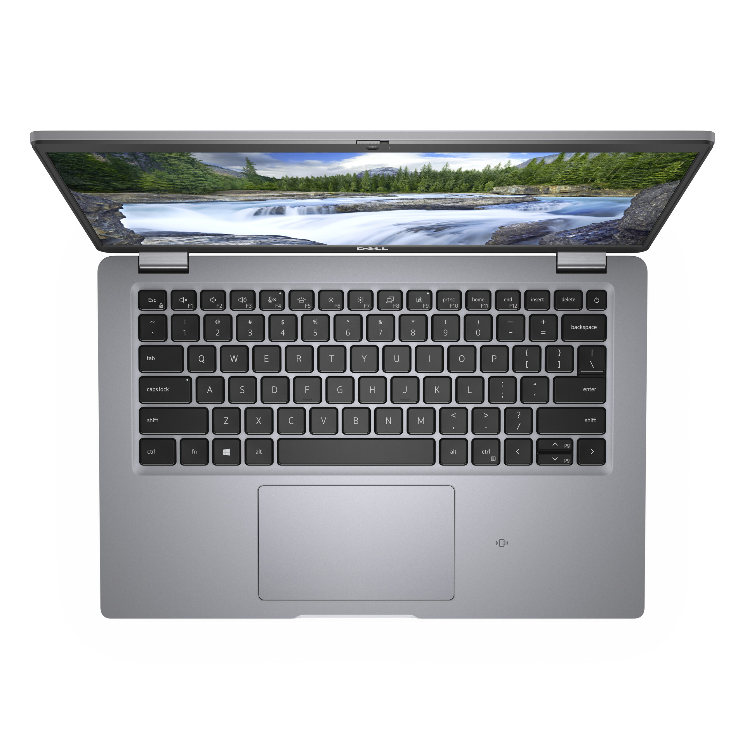 Portátil plateado con tapa abierta, se ven teclado y touchpad.