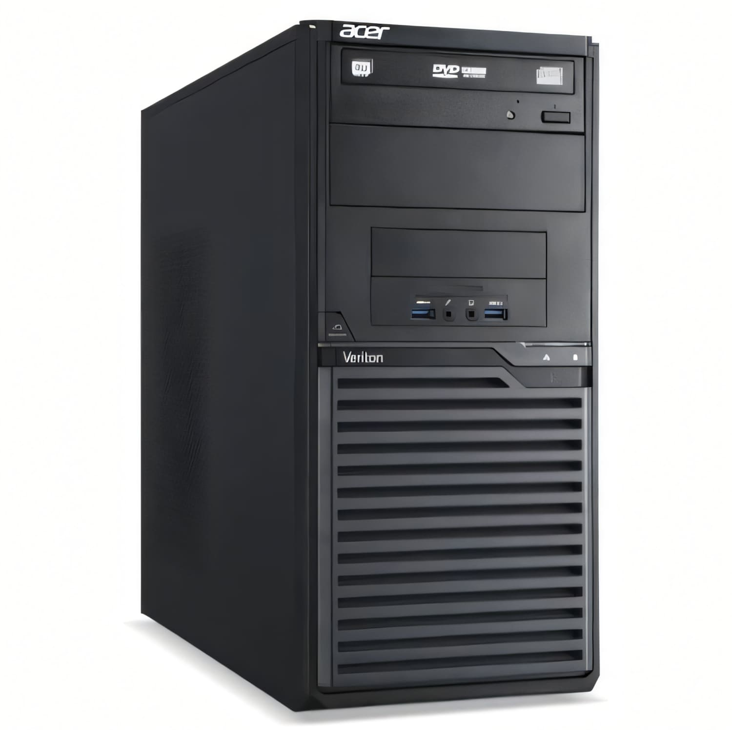 PC torre Acer Veriton negro con unidad de DVD y puertos USB.