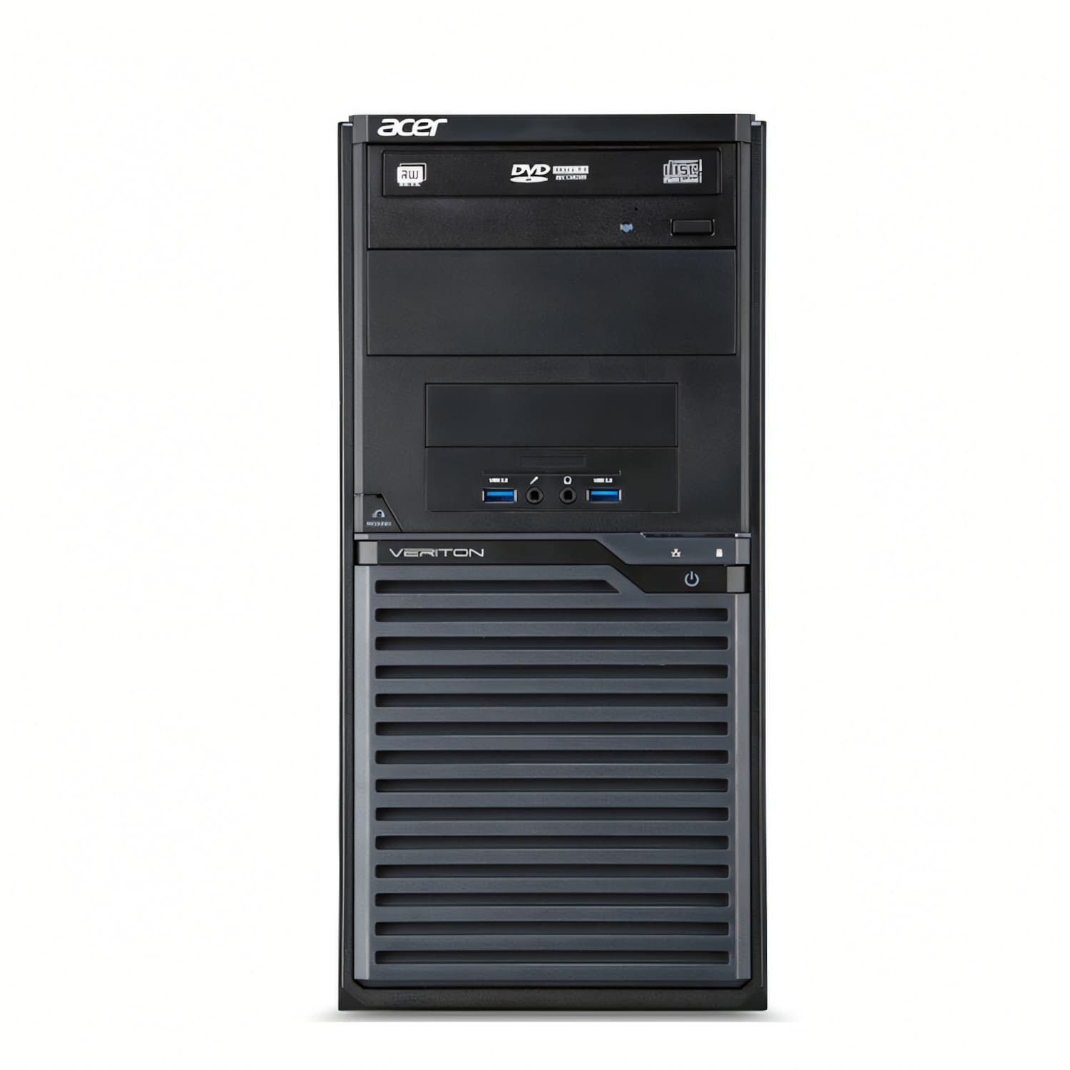 Una torre de ordenador de sobremesa Acer Veriton negra con unidad de DVD y puertos USB.