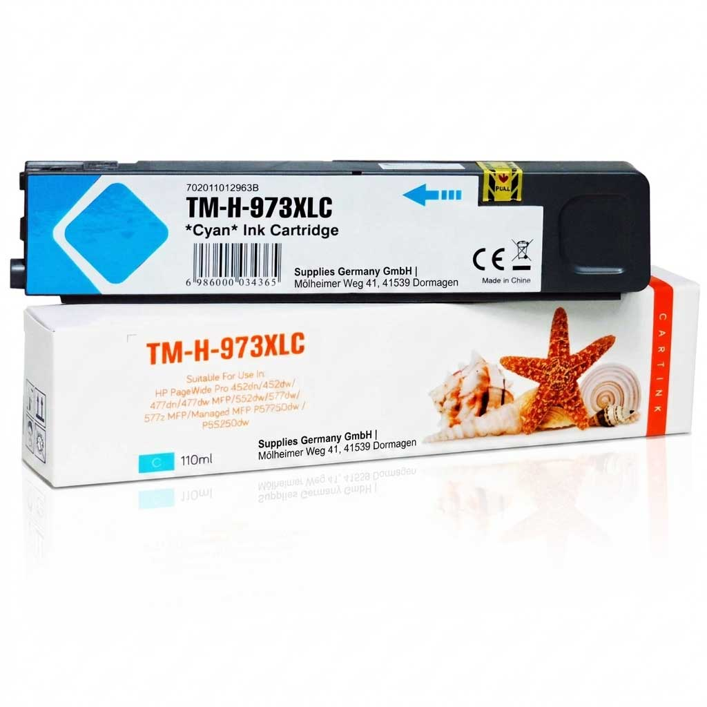 Ein cyanfarbener Tintenpatronenkarton und eine Patrone, Modell TM-H-973XLC.