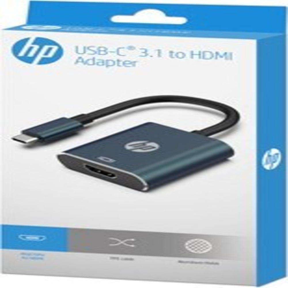 Adattatore HP USB-C 3.1 a HDMI. Adattatore blu scuro con porte USB-C e HDMI.