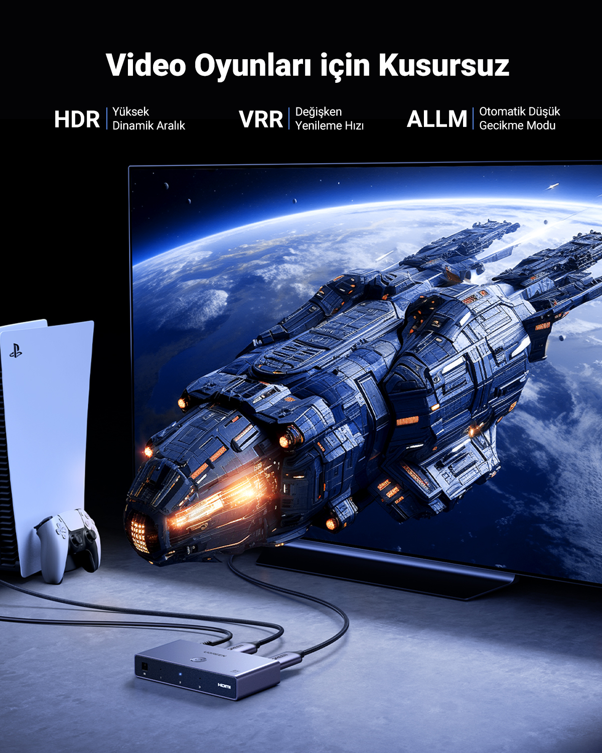 Configurazione gioco: console, controller, switch HDMI e TV con un'astronave nello spazio.