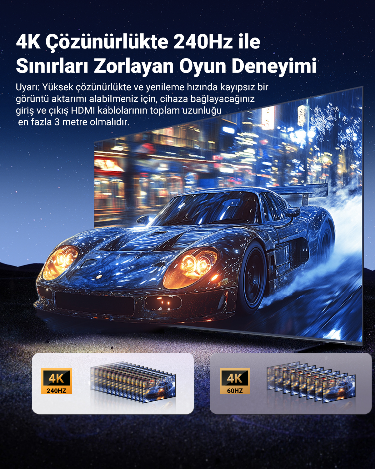 Un'auto da corsa blu sfreccia in una città notturna sfocata, mostrando 4K 240Hz vs 60Hz.