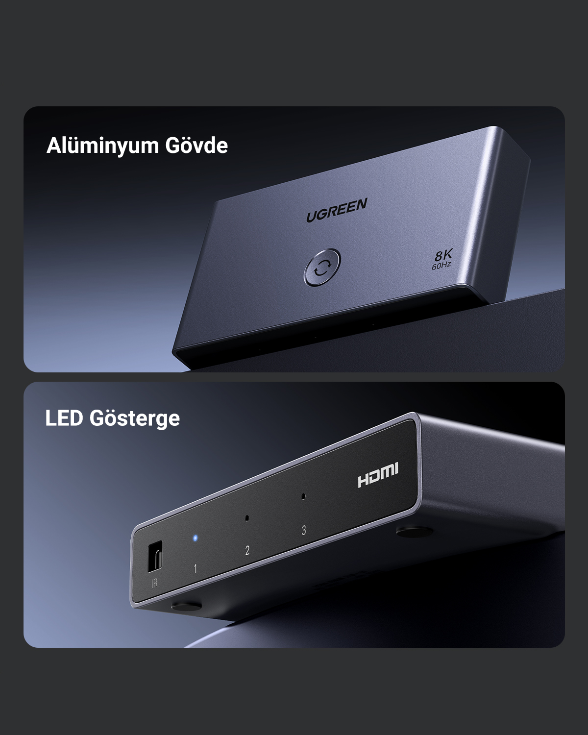 Switch HDMI UGREEN grigio 8K 60Hz con porta IR e indicatori LED.
