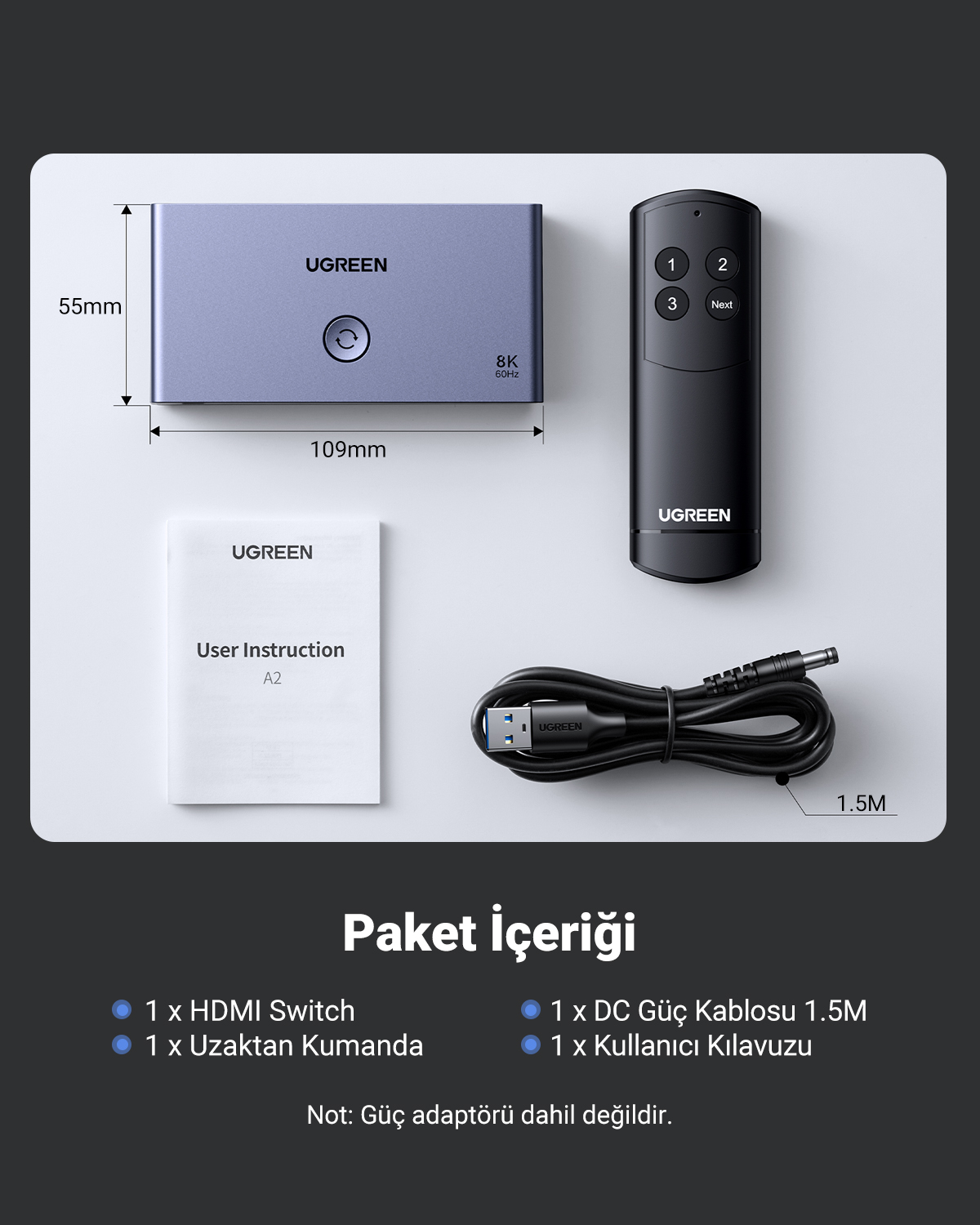 Switch HDMI UGREEN con telecomando, cavo e manuale. Supporto 8K 60Hz.