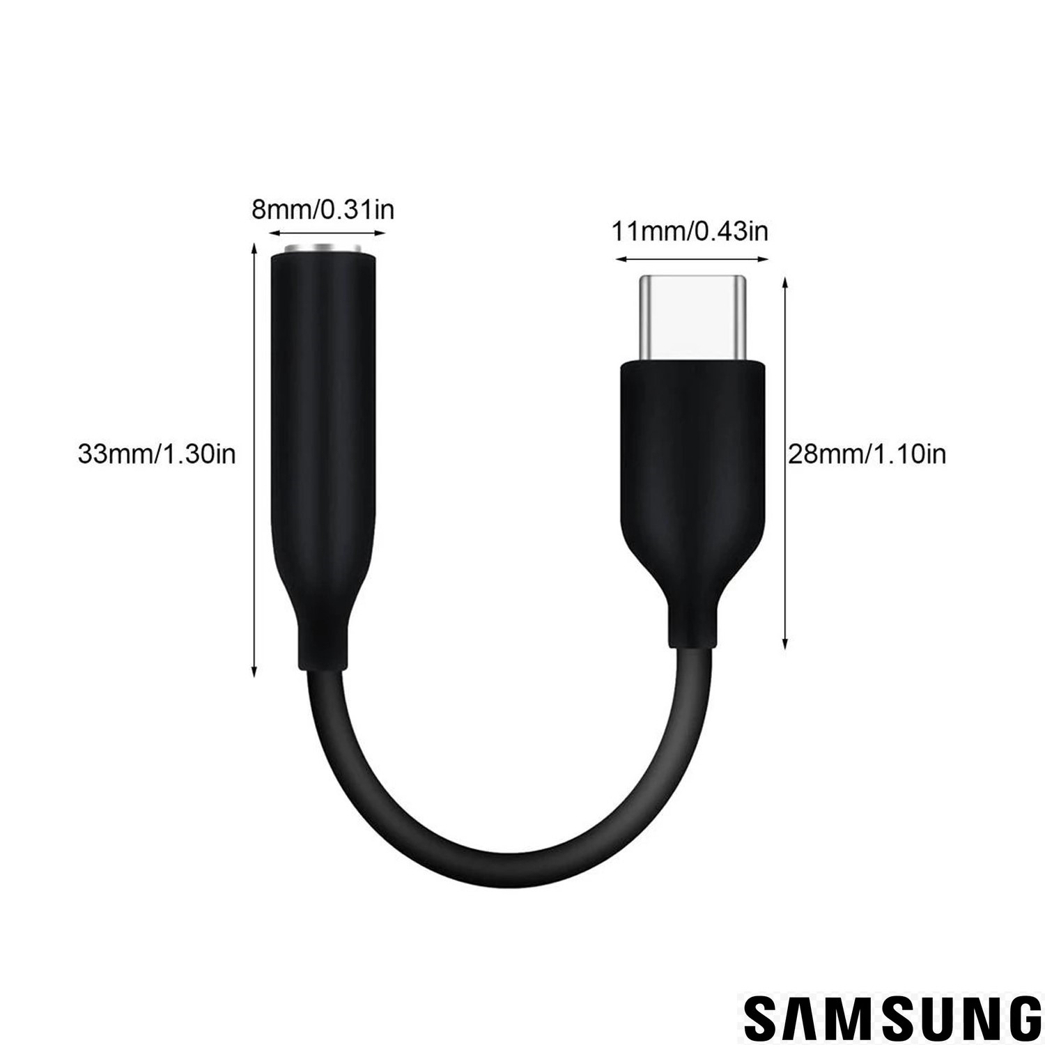 Boyutları gösteren siyah USB-C - 3,5 mm adaptör.