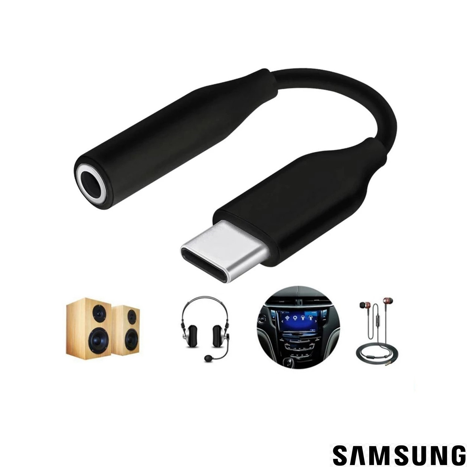 Siyah bir USB-C kulaklık adaptörü, yanında hoparlörler, kulaklık ve araba teybi ekranı.