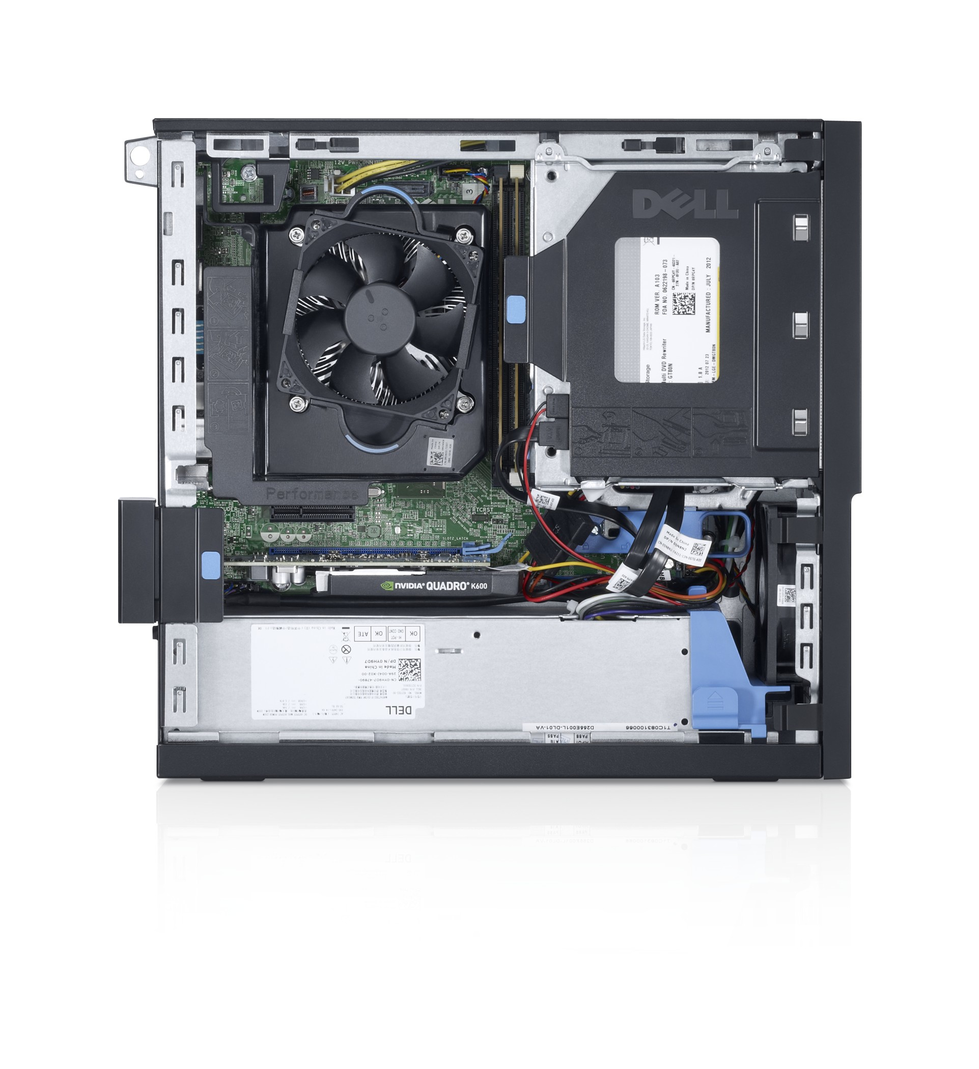 Vista interior de una computadora Dell, mostrando ventilador, CPU, tarjeta gráfica y unidades.