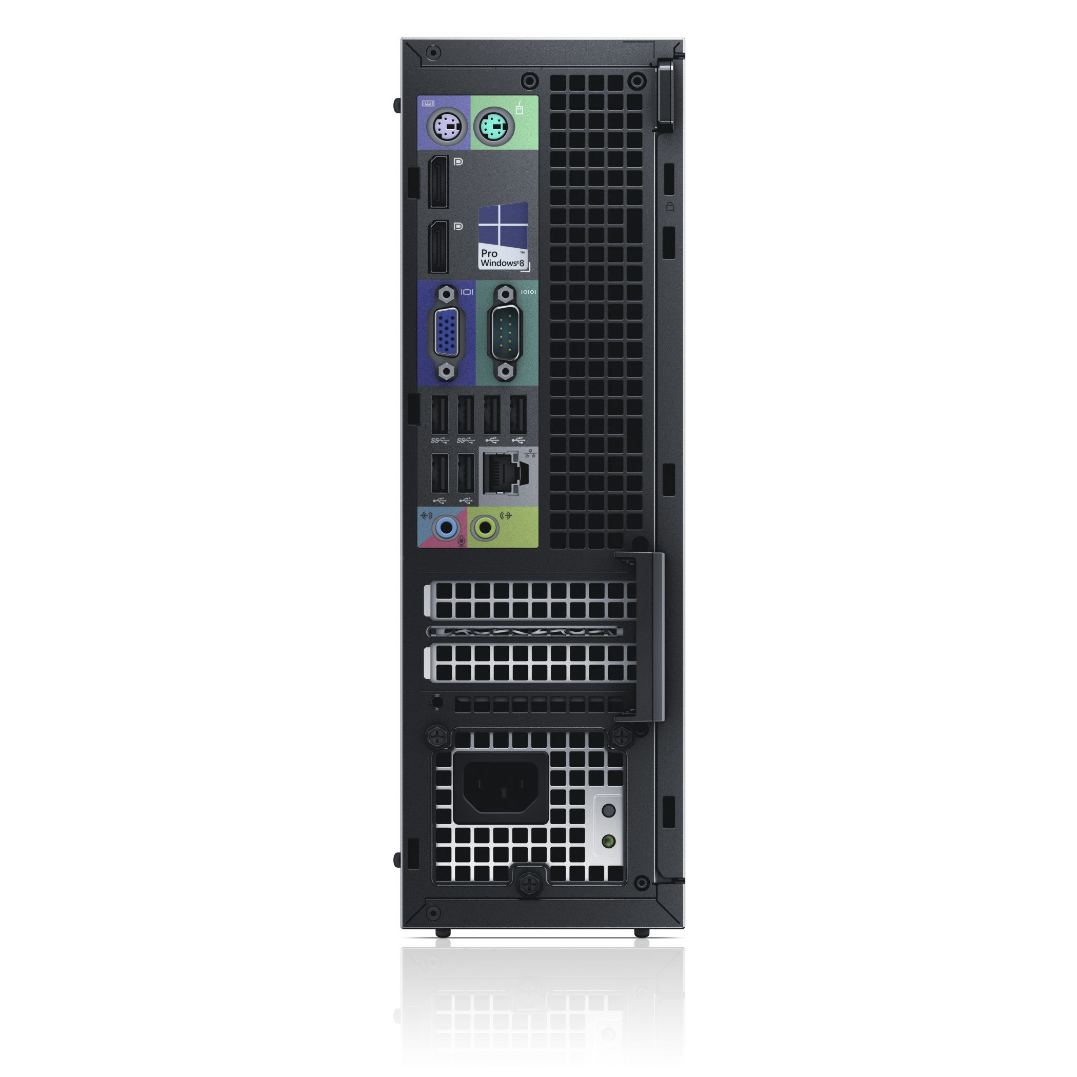 Parte trasera de un PC Dell negro con puertos: USB, VGA, Ethernet y audio.