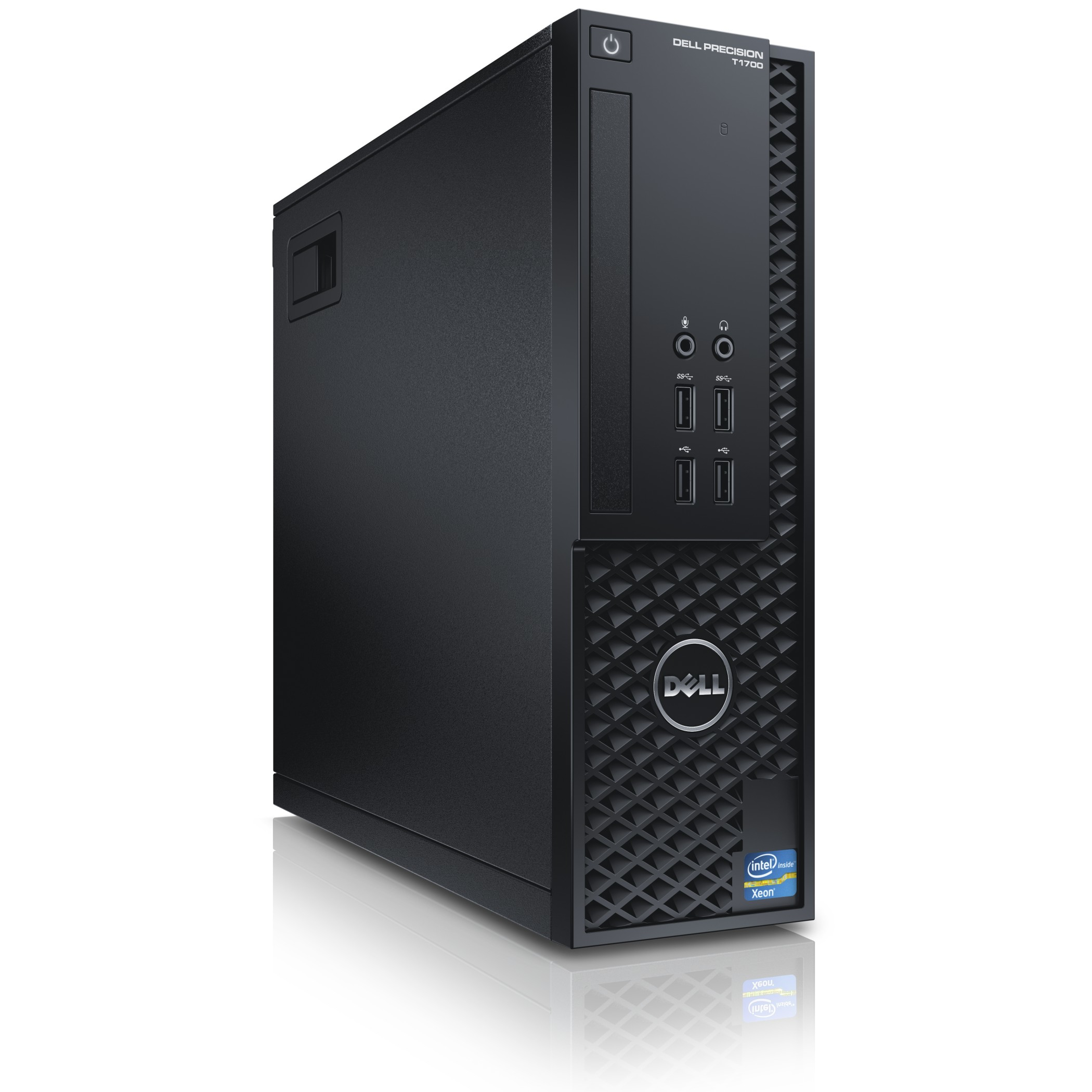 Un ordenador de sobremesa Dell Precision T1700 negro con puertos y pegatina Intel Xeon.