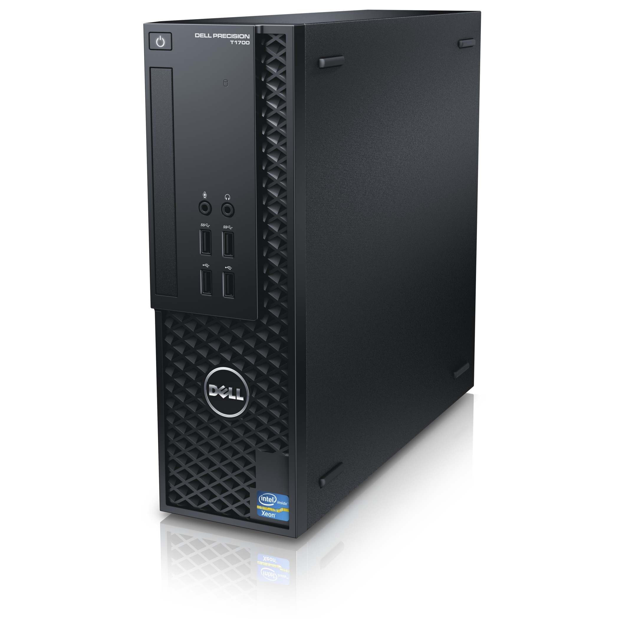 Torre de ordenador Dell Precision T1700 negra con puertos y pegatina Intel Xeon.