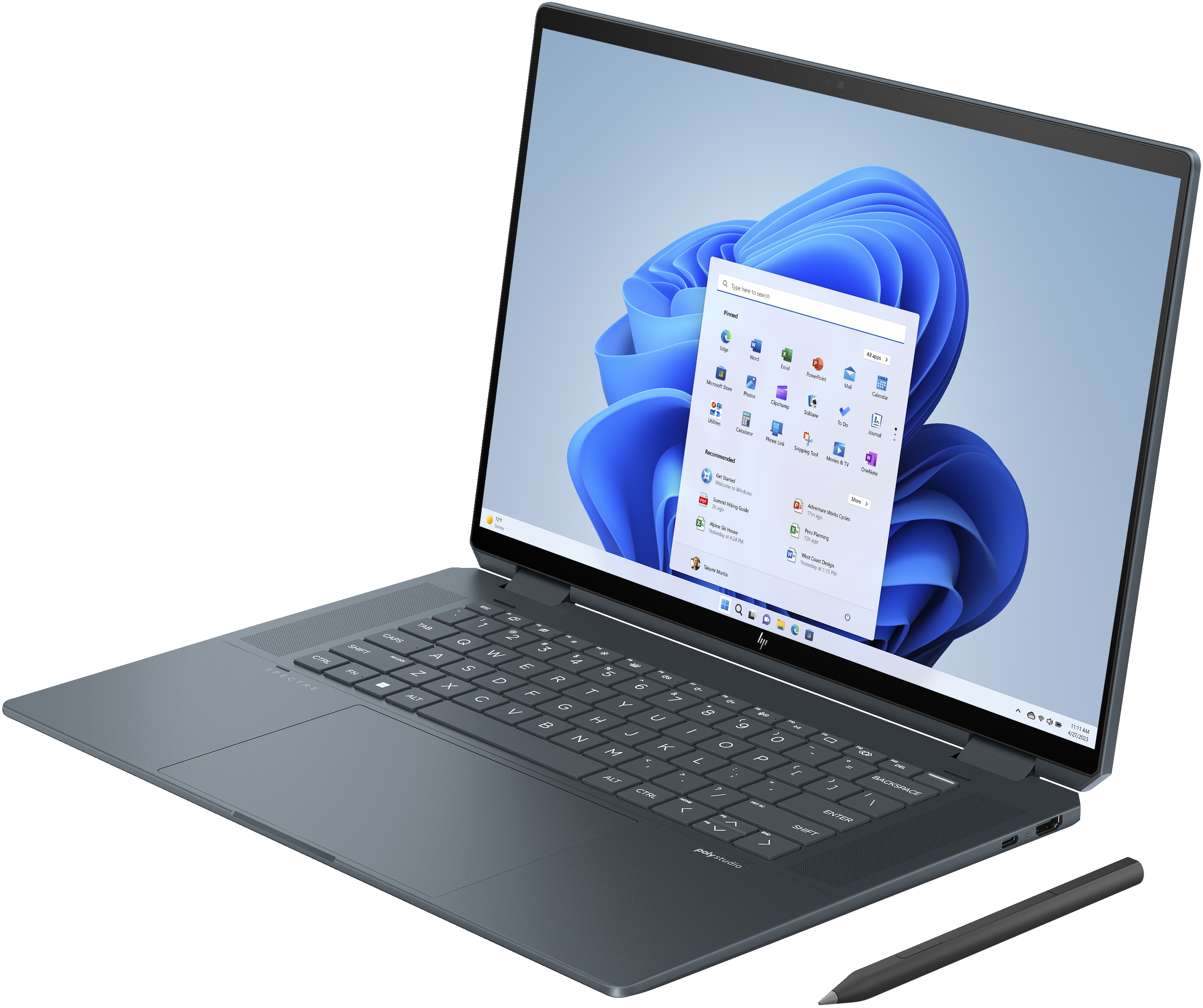 Ein dunkelgraues HP Spectre Notebook ist geöffnet und zeigt ein Windows 11 Startmenü und einen Stift.