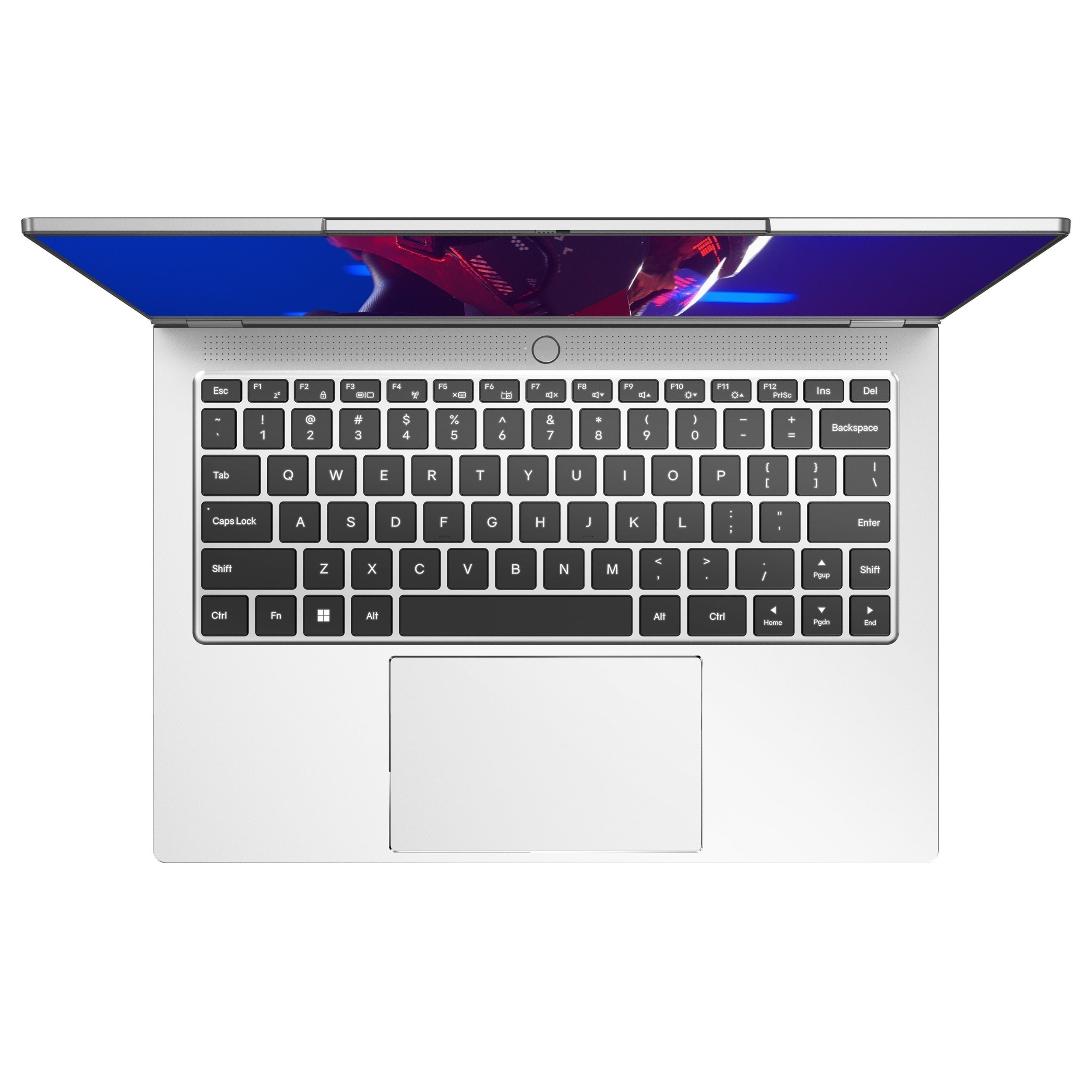 Draufsicht eines geöffneten silbernen Laptops mit blauem Bildschirm, der ein farbenfrohes abstraktes Bild zeigt.