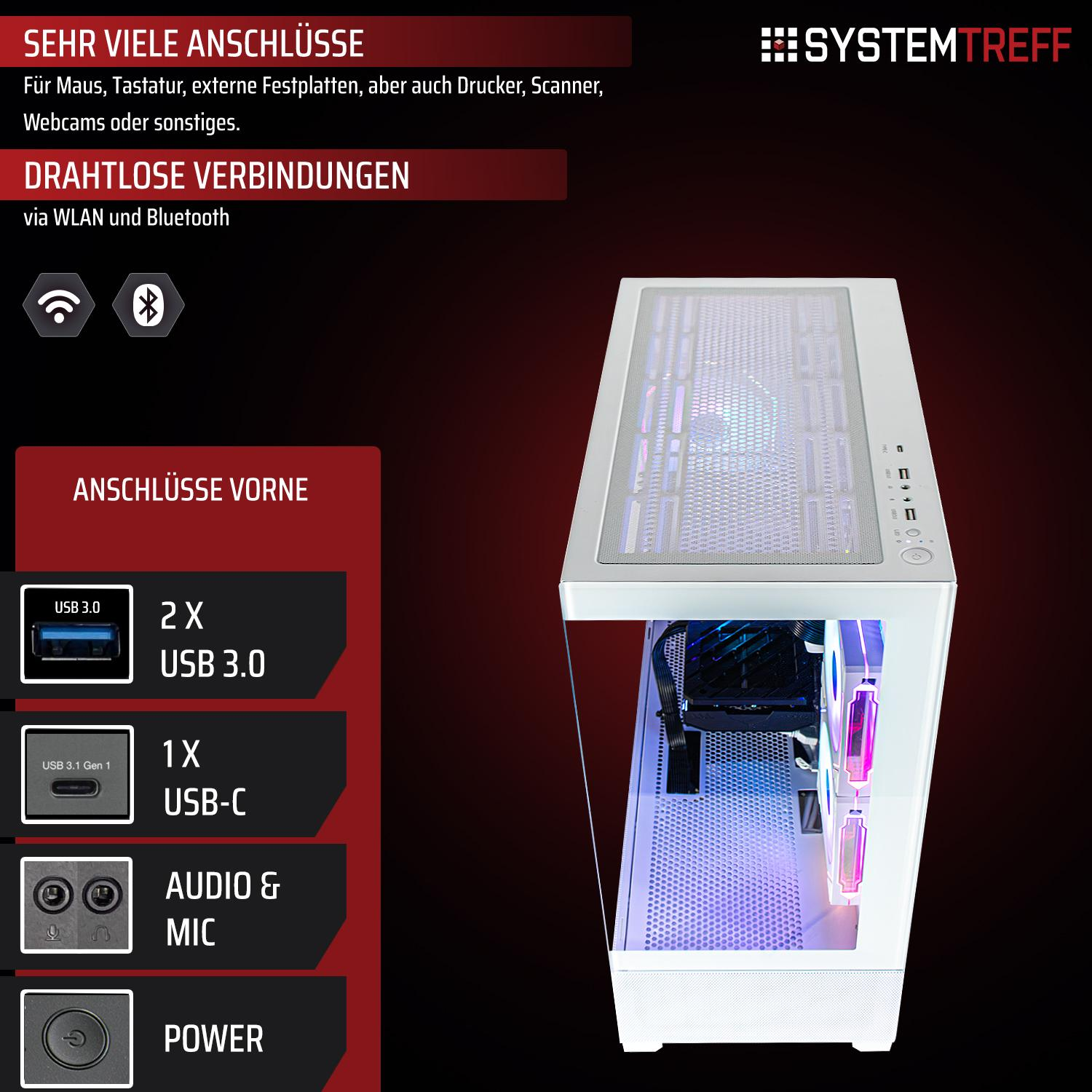 Ein weißes PC-Gehäuse mit vielen Anschlüssen und drahtlosen Verbindungen.