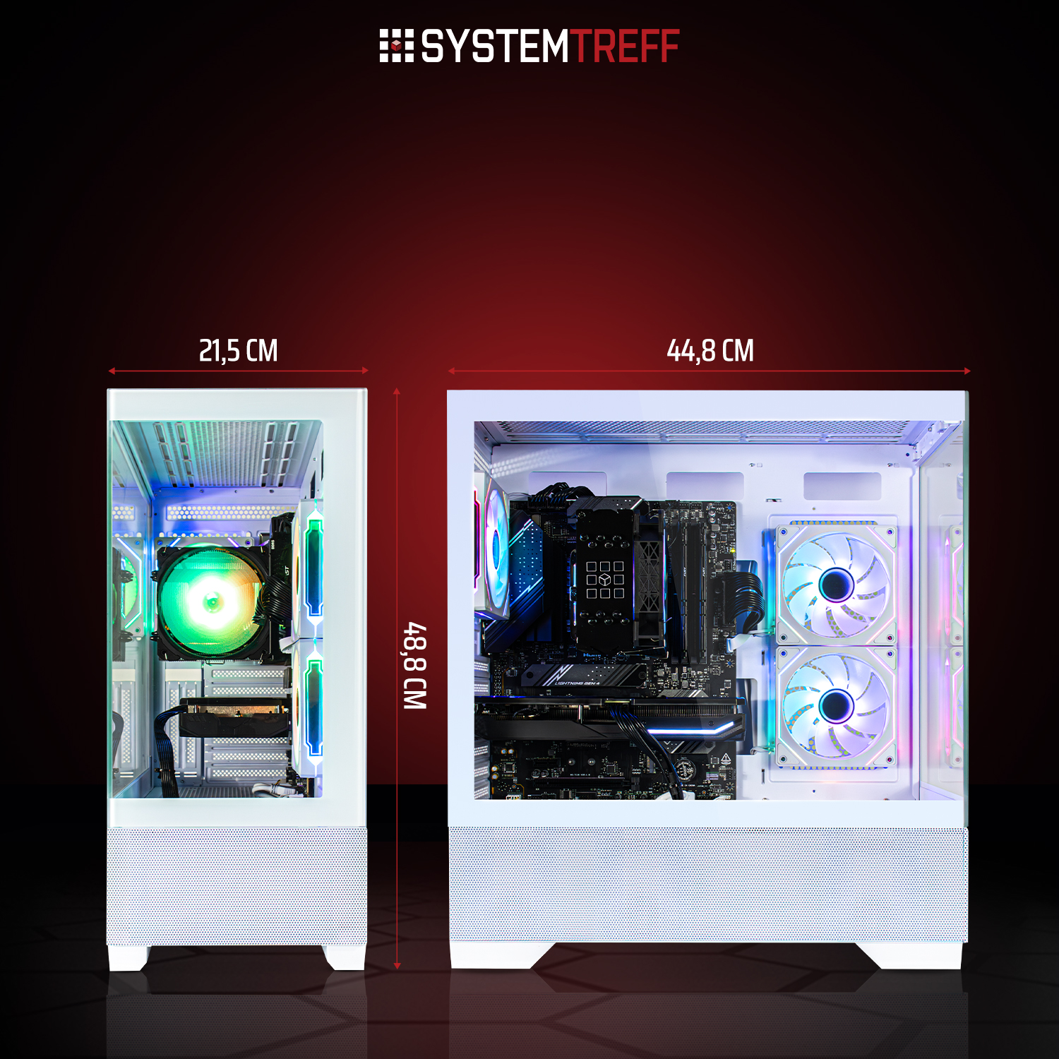 Zwei weiße Computergehäuse nebeneinander mit RGB-Beleuchtung. Abmessungen angezeigt.