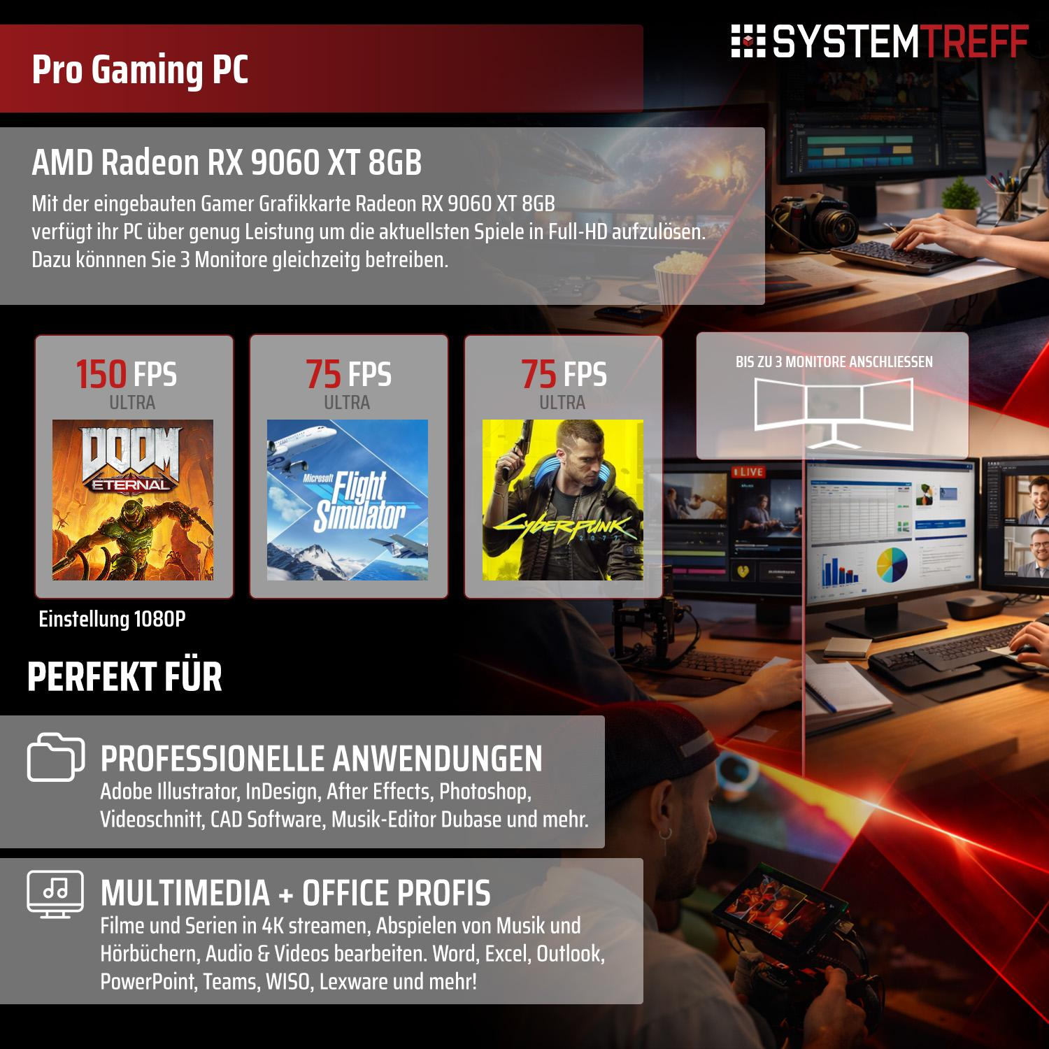 Pro Gaming PC mit AMD Radeon RX 9060 XT 8GB. Zeigt Spiele-Screenshots und Anwendungssymbole.