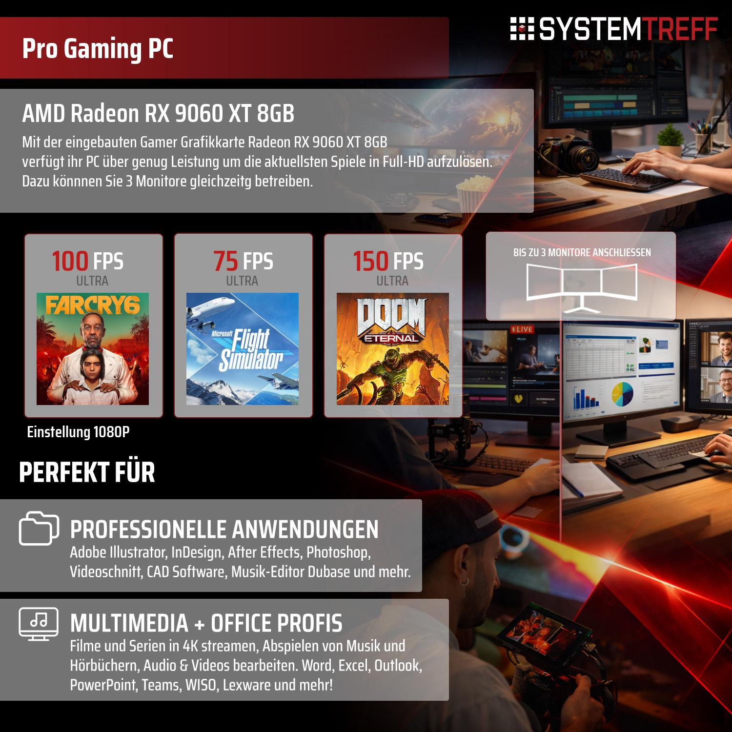 Gaming PC mit AMD Radeon RX 9060 XT 8GB, zeigt Spiele und professionelle Anwendungen.
