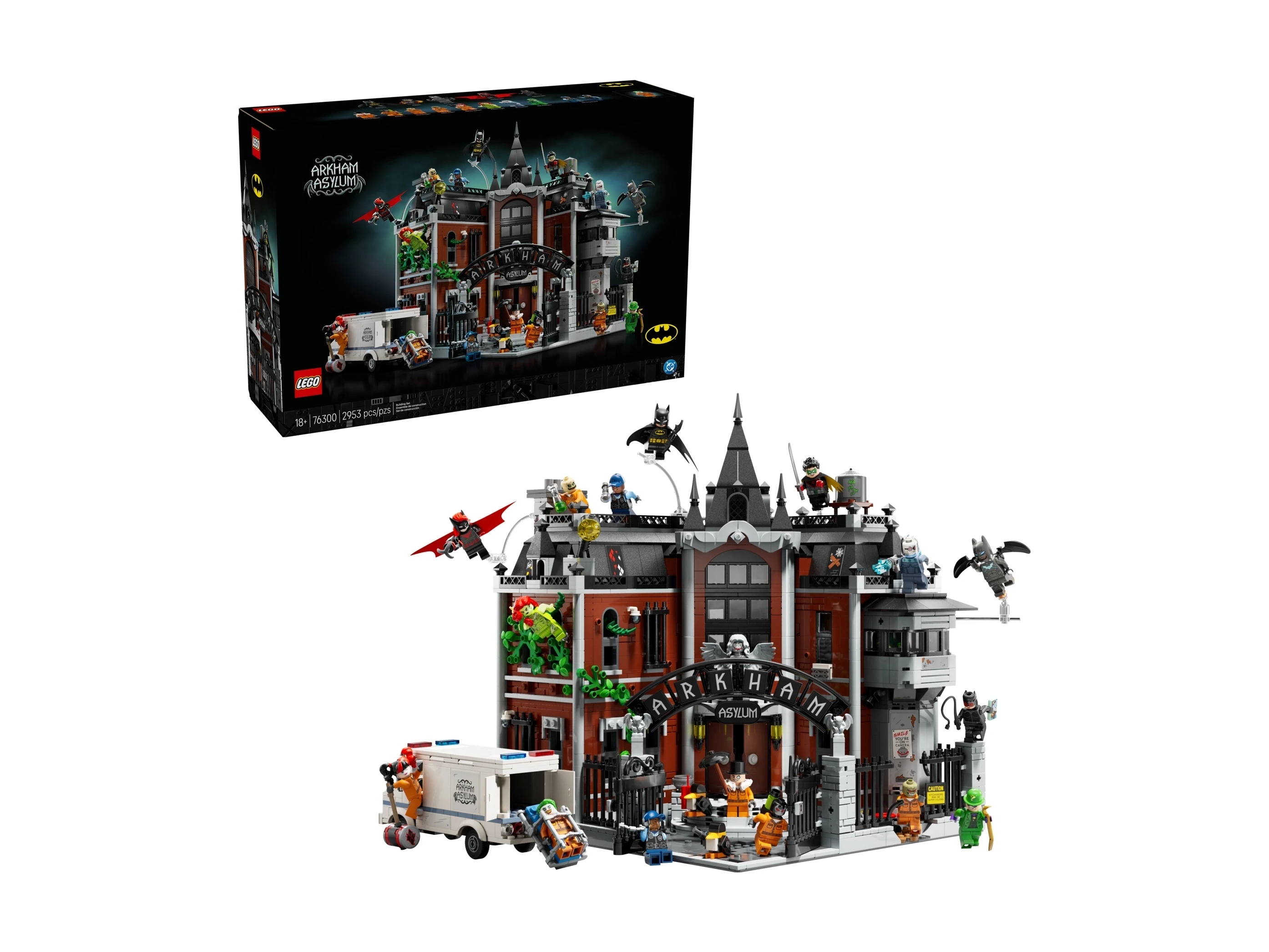 Zestaw LEGO Arkham Asylum z figurkami Batmana, transportem więźniów i budynkiem.