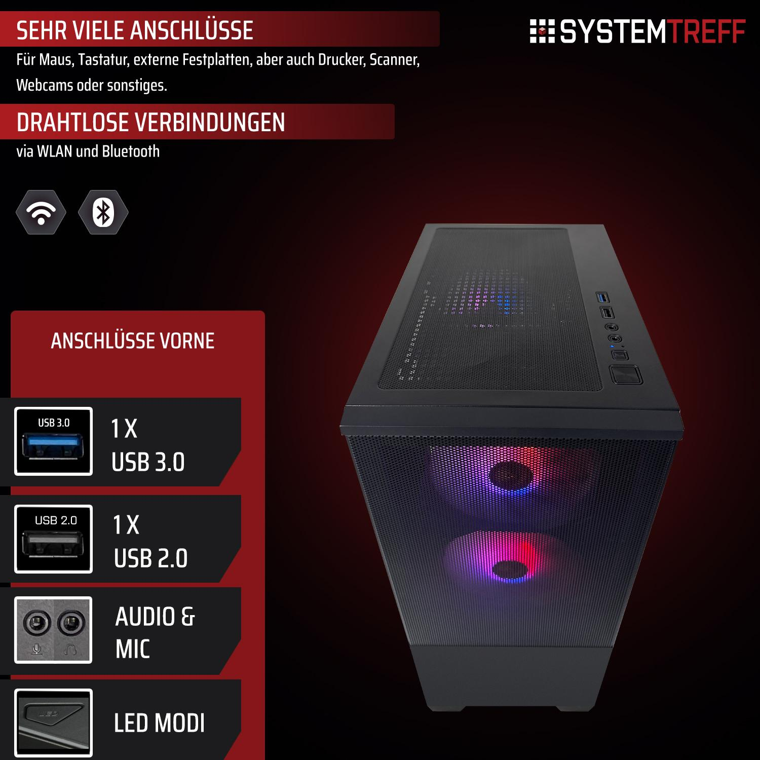 Ein schwarzer PC-Tower mit beleuchteten Lüftern und Anschlüssen.