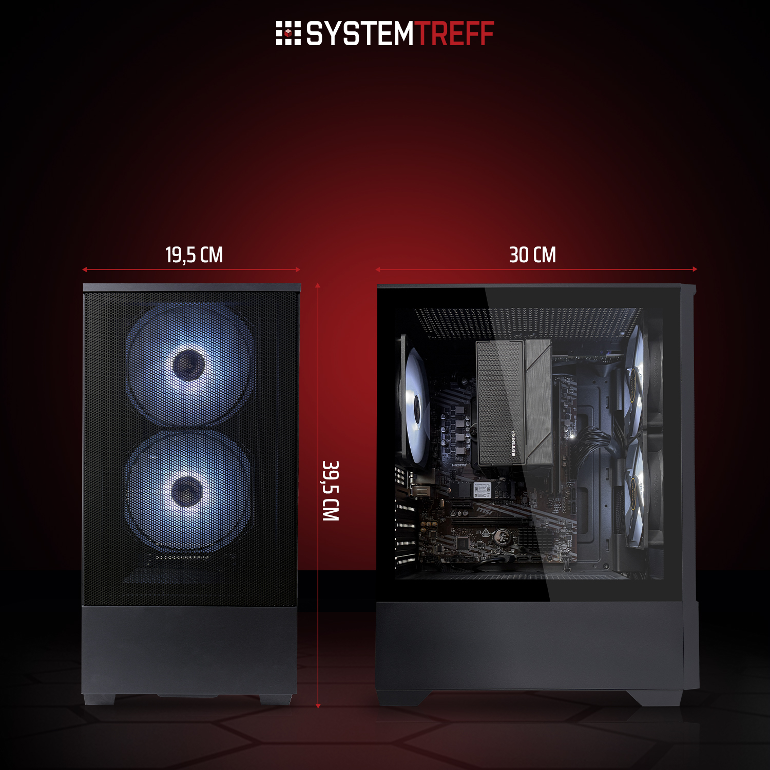 Zwei schwarze Computergehäuse, eines mit zwei blauen Lüftern, Maße angegeben.