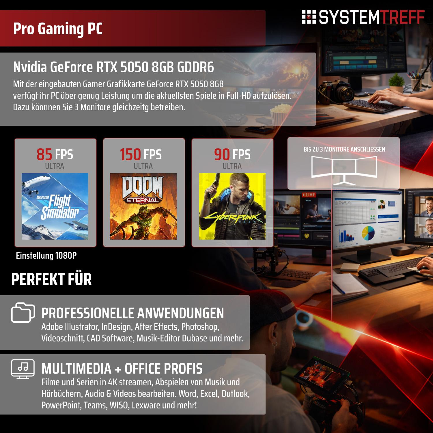 Pro Gaming PC mit RTX 5050. Zeigt Spiele wie Flight Simulator, Doom, Cyberpunk und 3 Monitore.