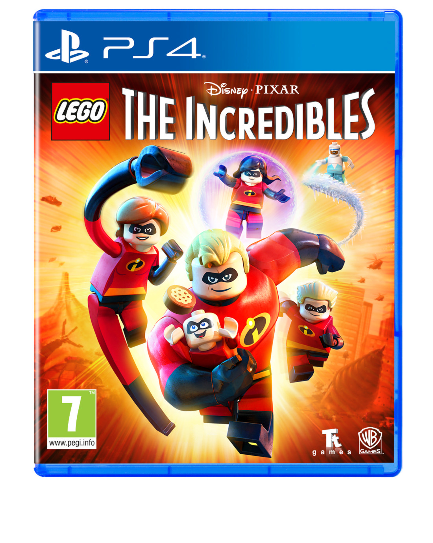 PS4 oyun kapağı: Lego İnanılmaz Aile, turuncu arka planda süper kahraman kostümlü aile.