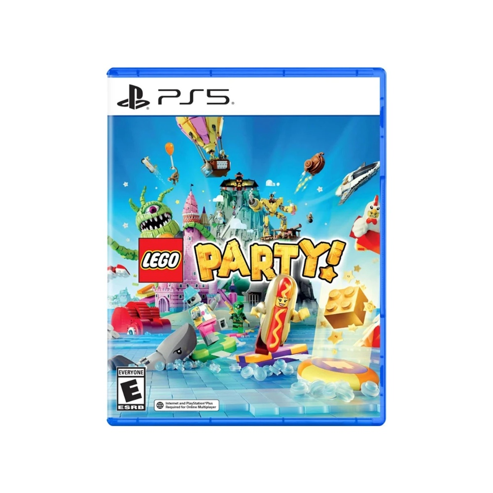 Pudełko gry PS5 LEGO Party z kolorowymi postaciami, zamkami i pojazdami.