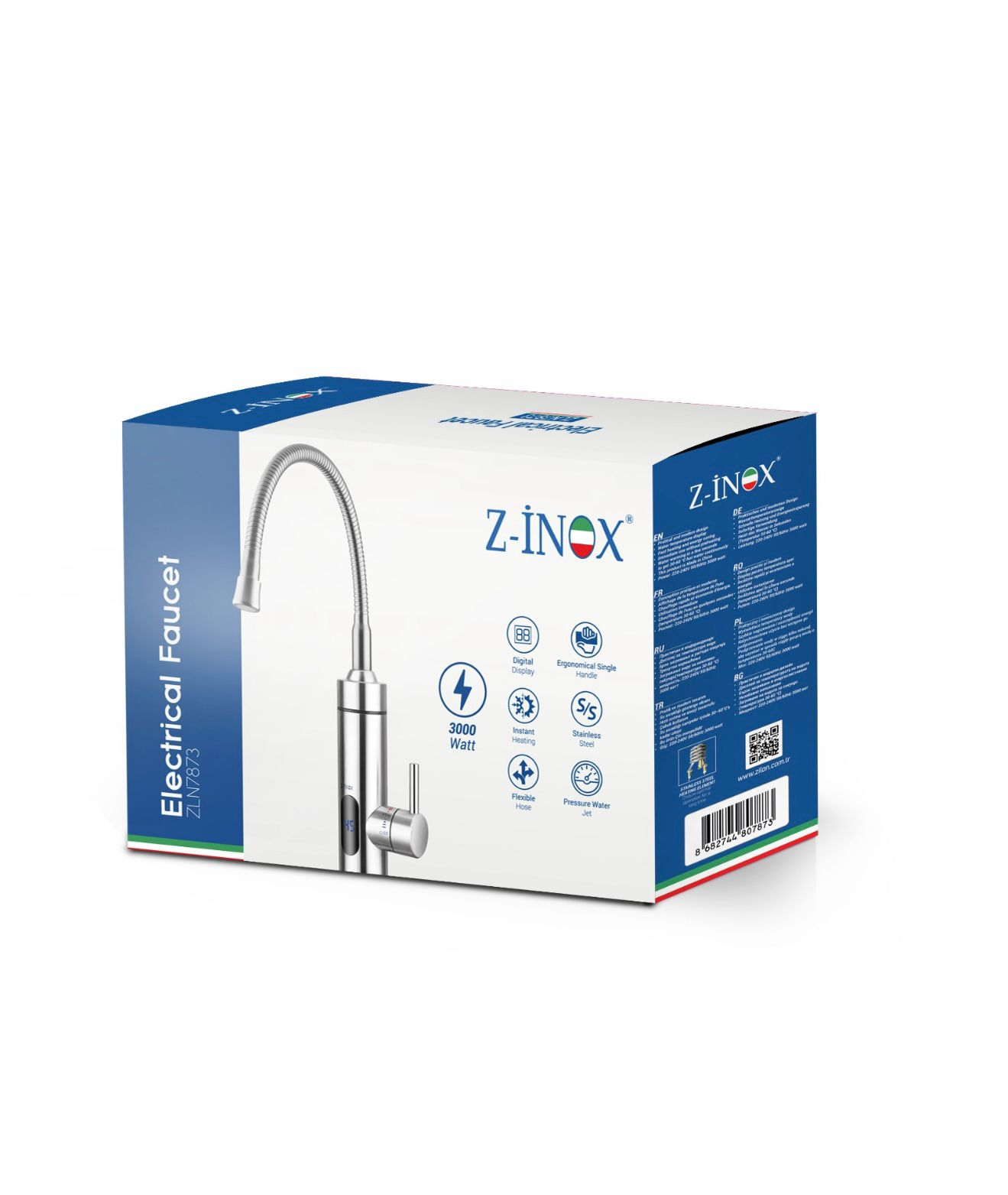 Esnek hortumlu Z-INOX elektrikli musluk kutusu.