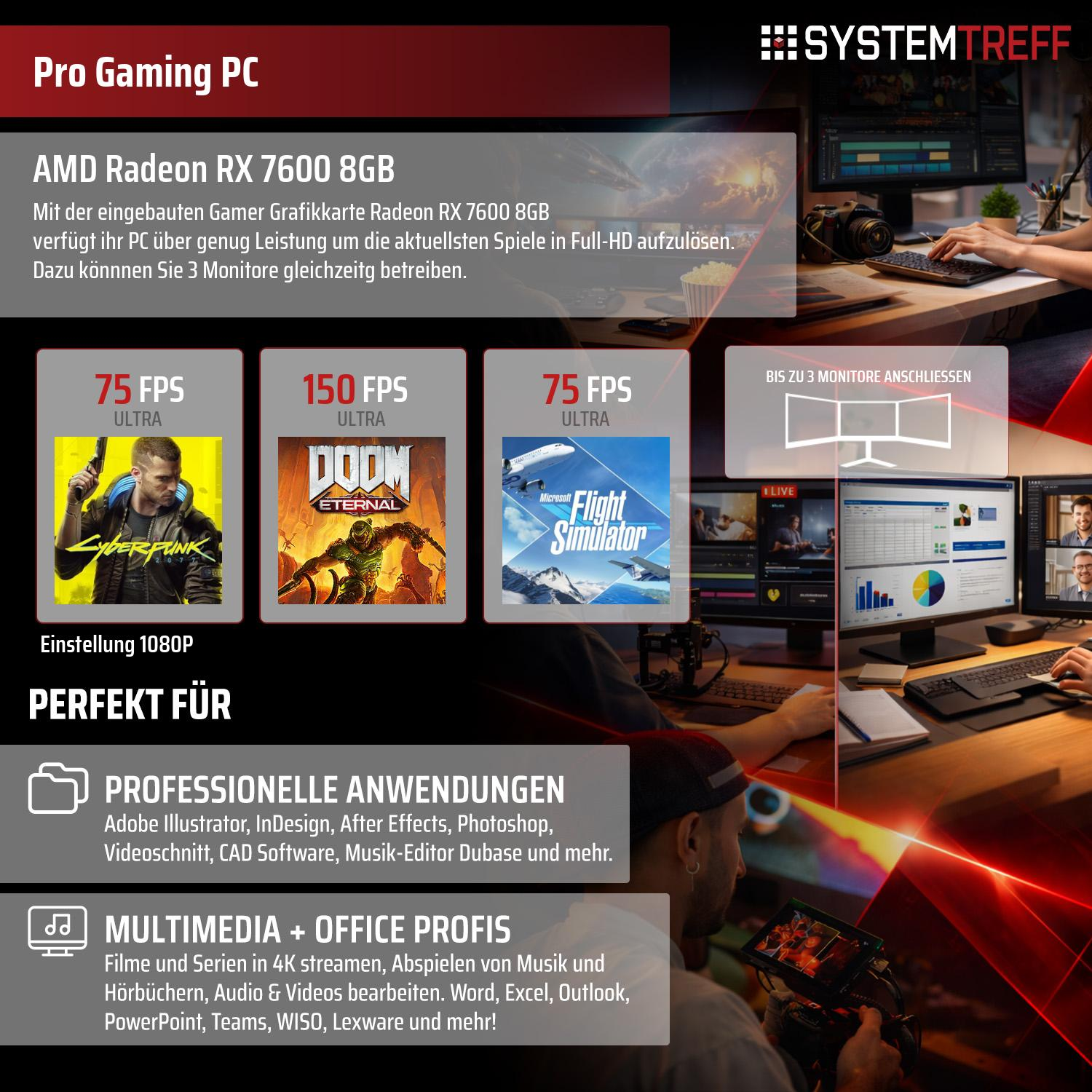 Pro Gaming PC mit Radeon RX 7600 8GB, unterstützt 3 Monitore. Perfekt für Spiele & Profi-Anwendungen.