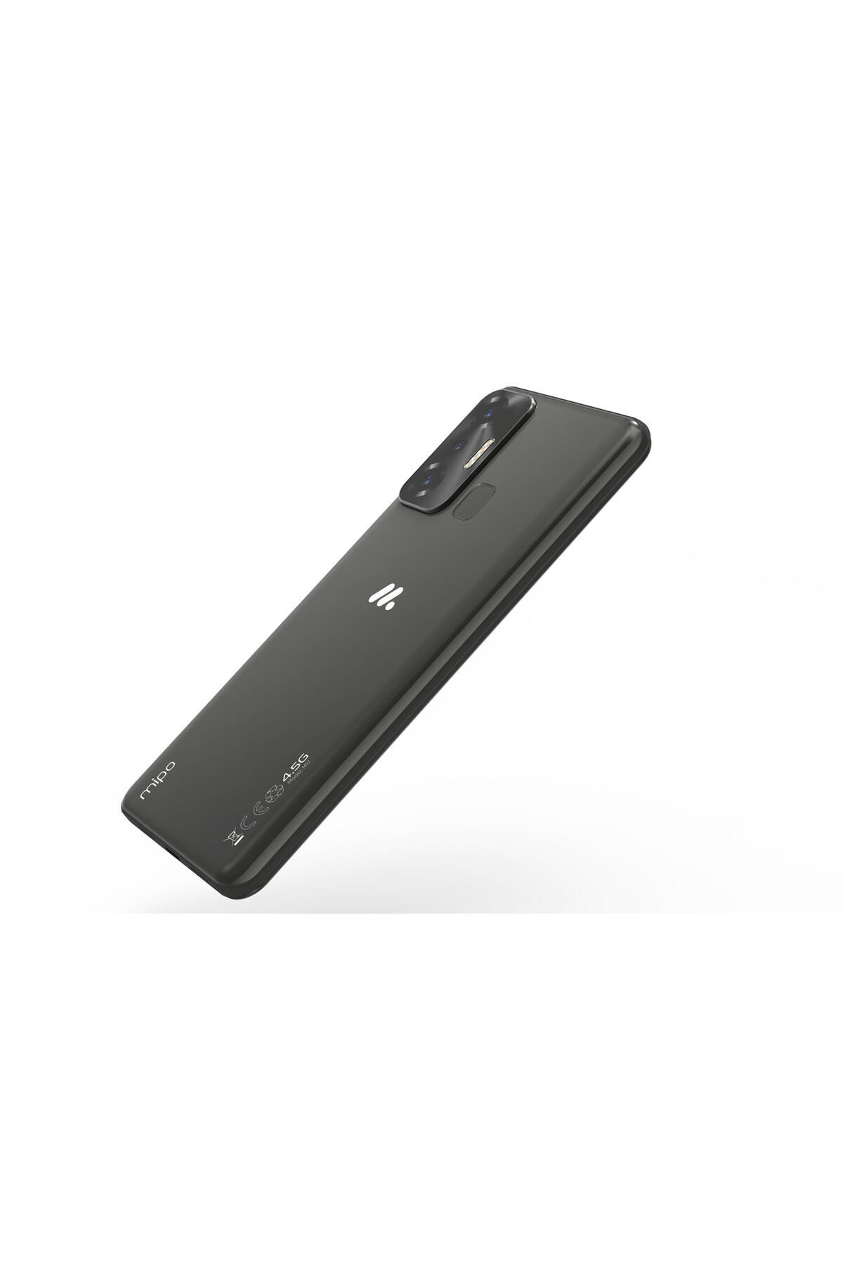 Arkada üç kamerası olan siyah akıllı telefon, beyaz arka planda.