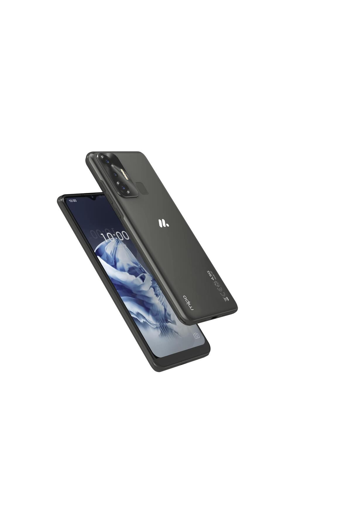 Beyaz arka plan üzerinde açılı siyah akıllı telefon. Arka kısımda kameralar ve logo bulunur.