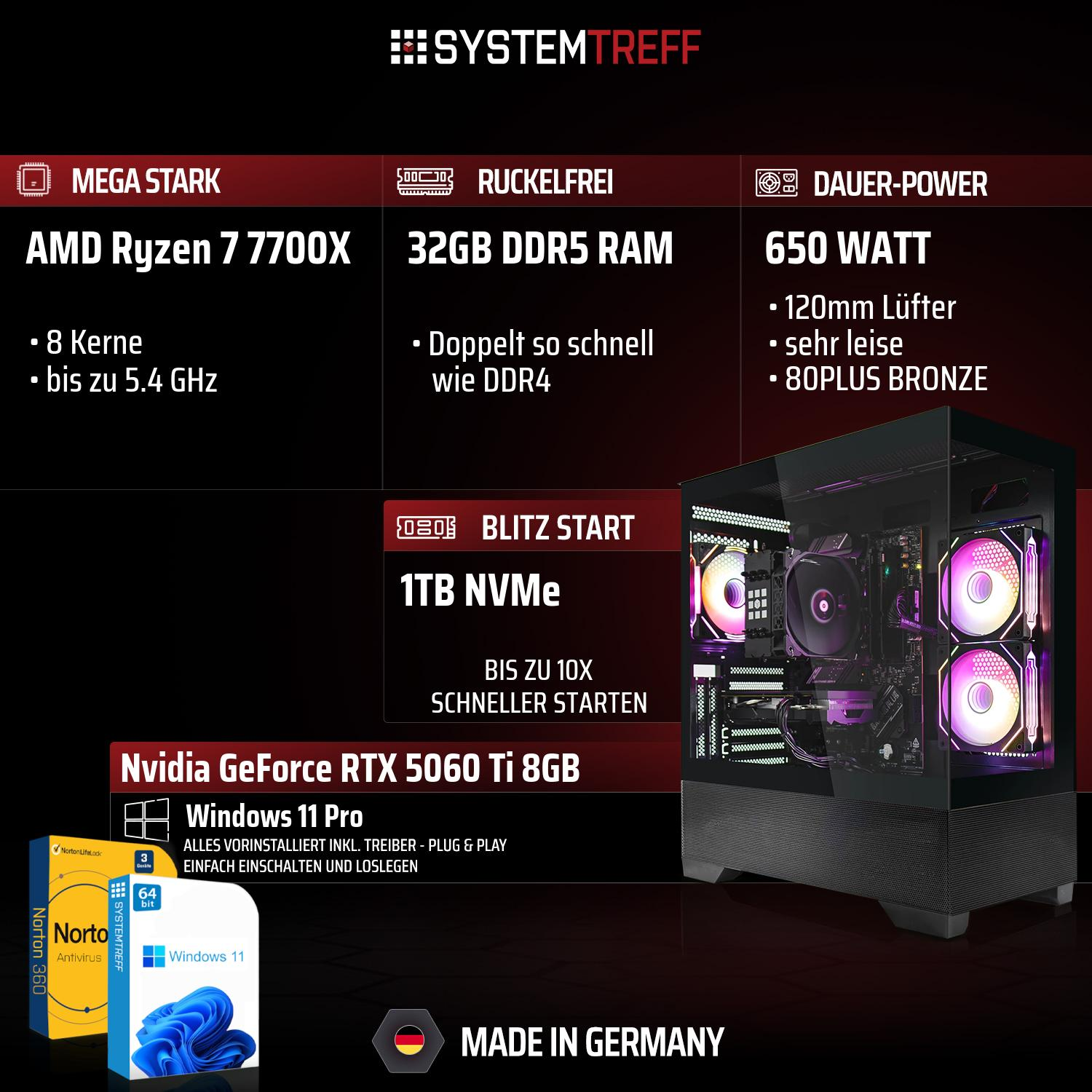 Gaming-PC mit Ryzen 7, 32GB DDR5 RAM, 1TB NVMe, RTX 5060 Ti, Windows 11 Pro.