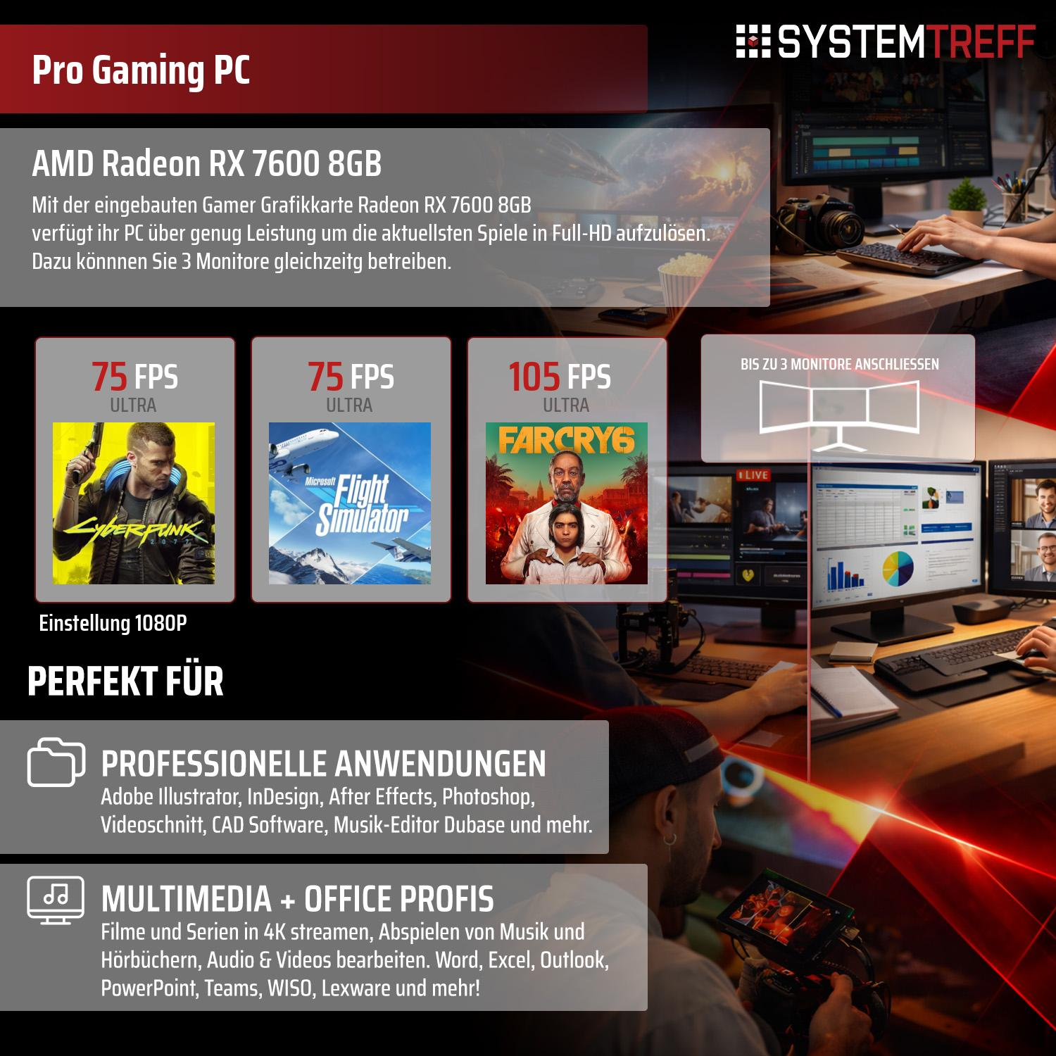 Pro Gaming PC mit AMD Radeon RX 7600 8GB für Full-HD Gaming und 3 Monitore.