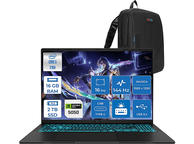 ASUS Vivobook 16 V3607VH RTX5050 8GB 1920x1200 144HZS RP075F04 Intel Core 5 210H 16 GB RAM 2 TB SSD 16 inç FreeDOS Laptop+Çanta Siyah