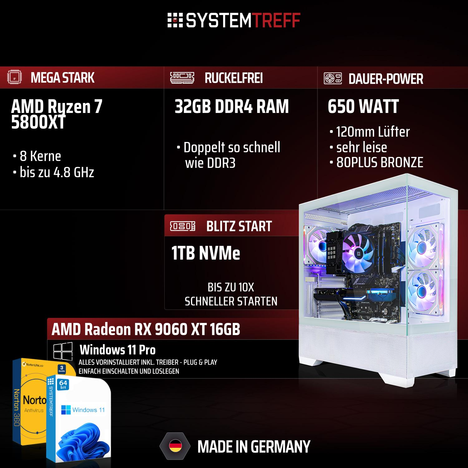 PC-Build mit Ryzen 7, 32GB DDR4 RAM, 650W Netzteil, 1TB NVMe, RX 9060 XT, Windows 11 Pro.