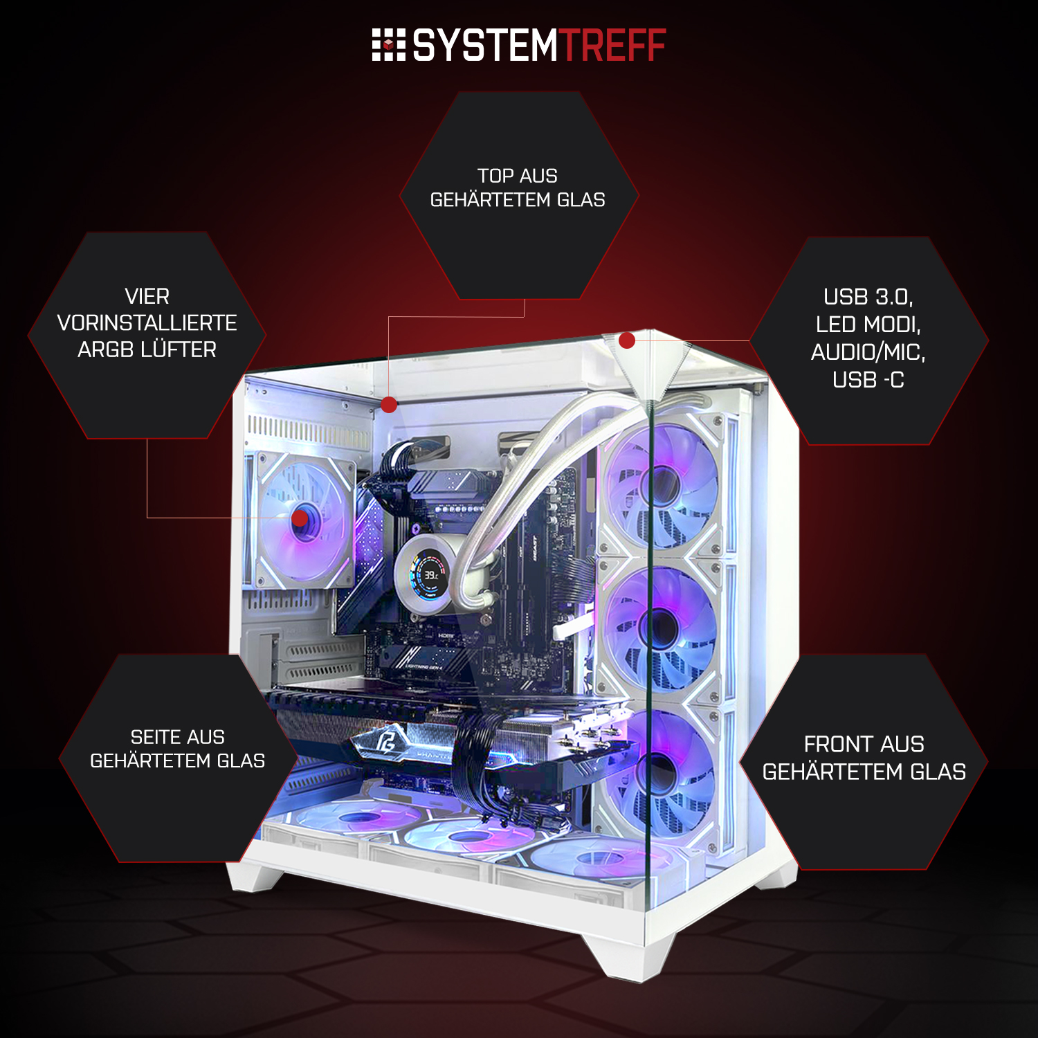 Weißes PC-Gehäuse mit RGB-Lüftern, Glaspaneelen und sichtbaren internen Komponenten.