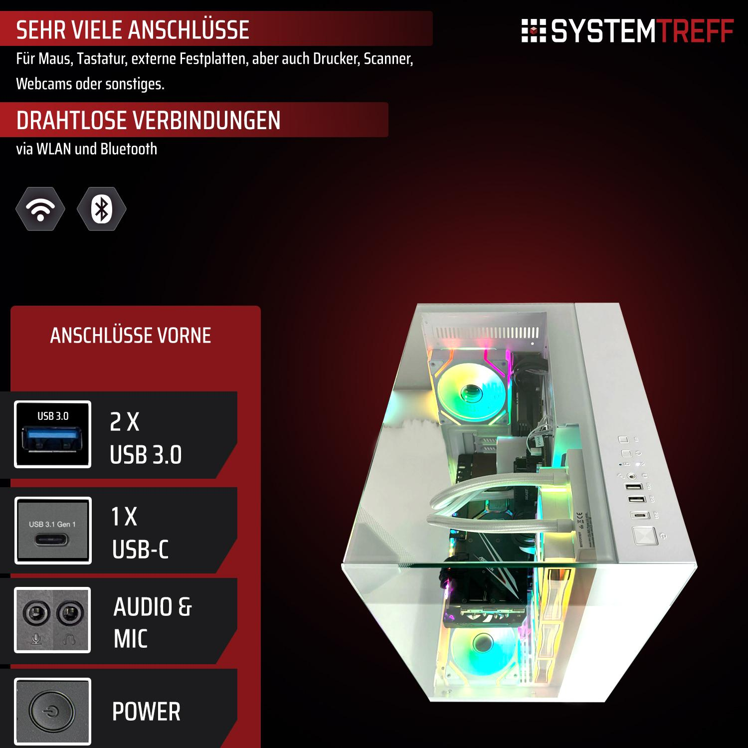 PC-Gehäuse mit Glasfront, zeigt Anschlüsse und interne Komponenten mit RGB-Beleuchtung.