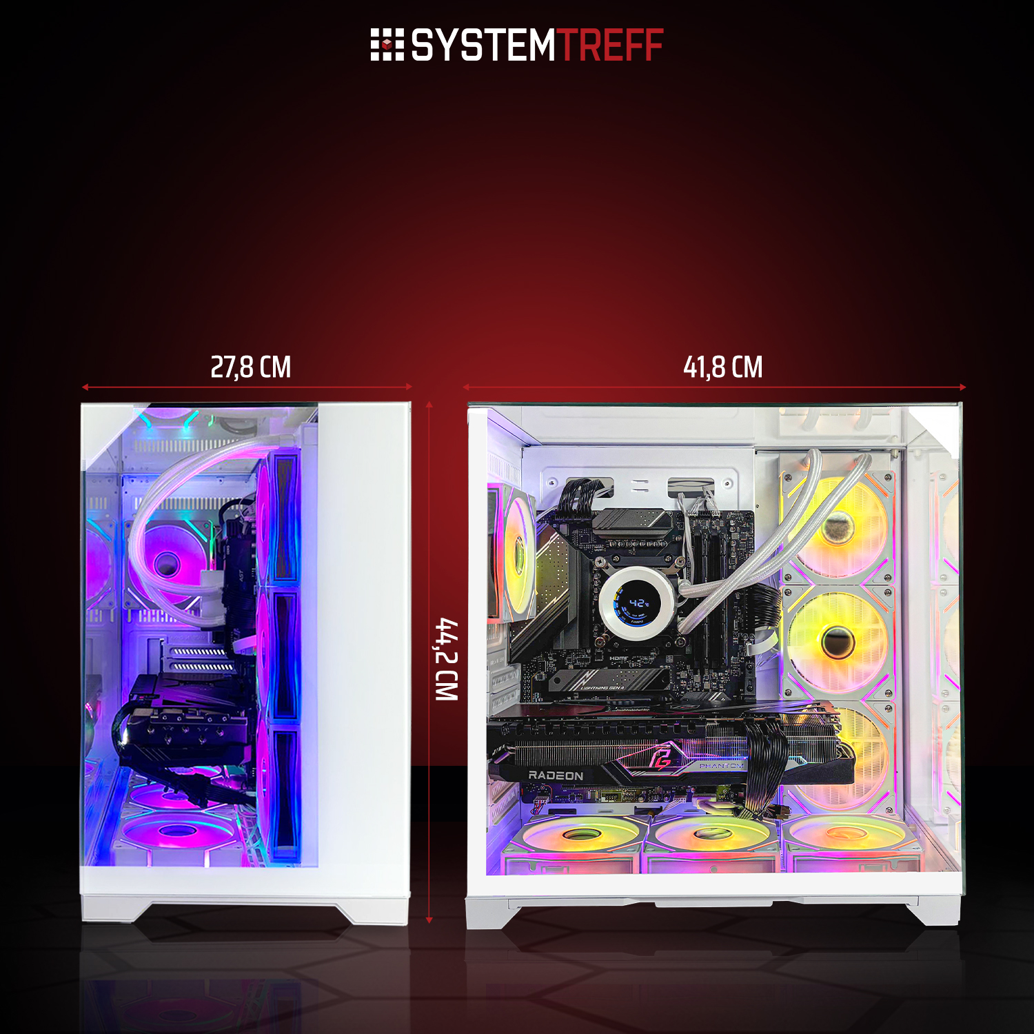 Zwei weiße PC-Gehäuse mit RGB-Beleuchtung und Messungen.