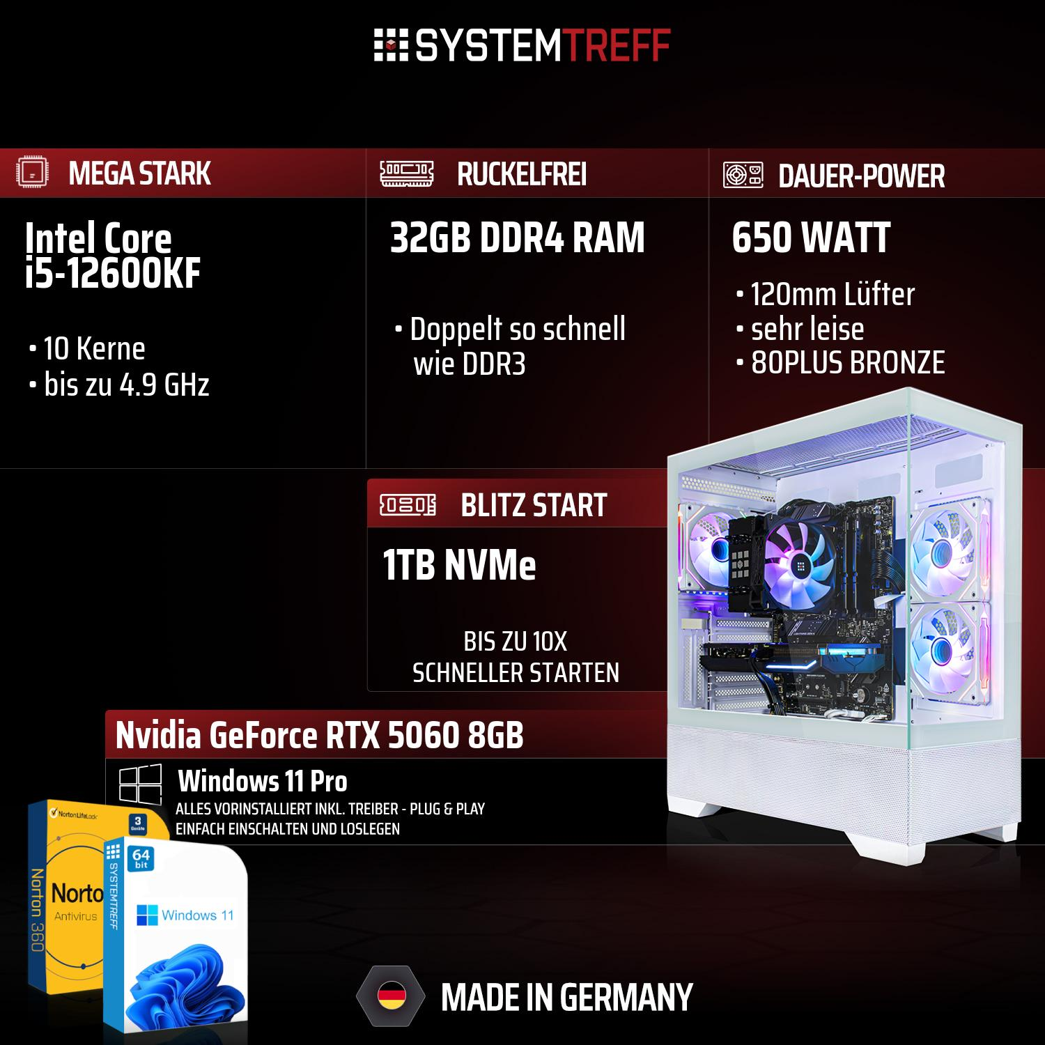 PC-Komponenten: Intel i5, 32GB DDR4 RAM, 650W Netzteil, 1TB NVMe, RTX 5060. Made in Germany.