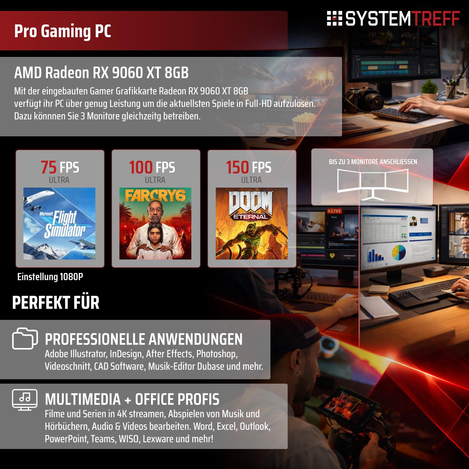 Gaming PC mit AMD Radeon RX 9060 XT 8GB, 3 Monitore, Spiele & Profi-Anwendungen.