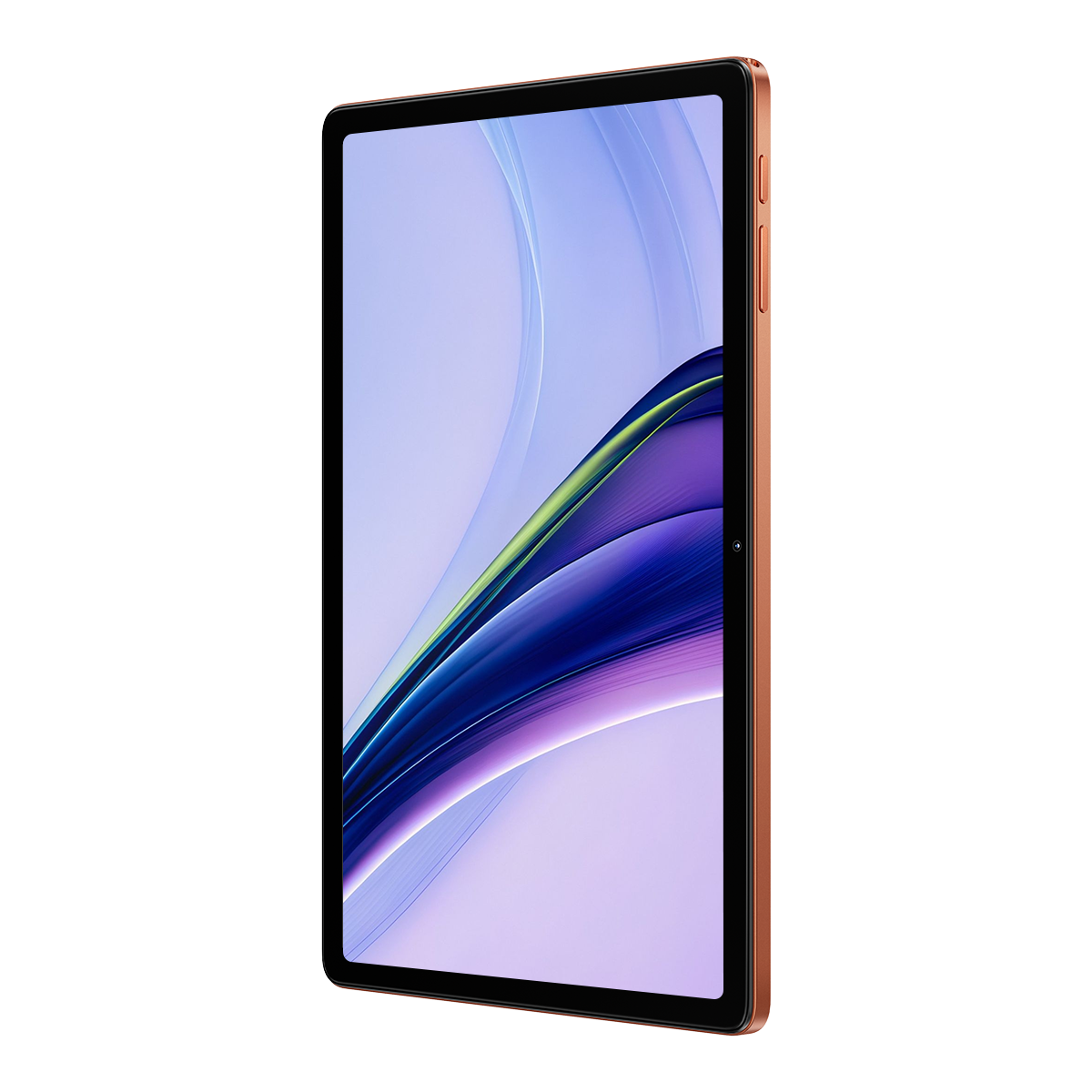 Ein orangefarbenes Tablet mit einem abstrakten, farbigen Hintergrund auf dem Bildschirm.