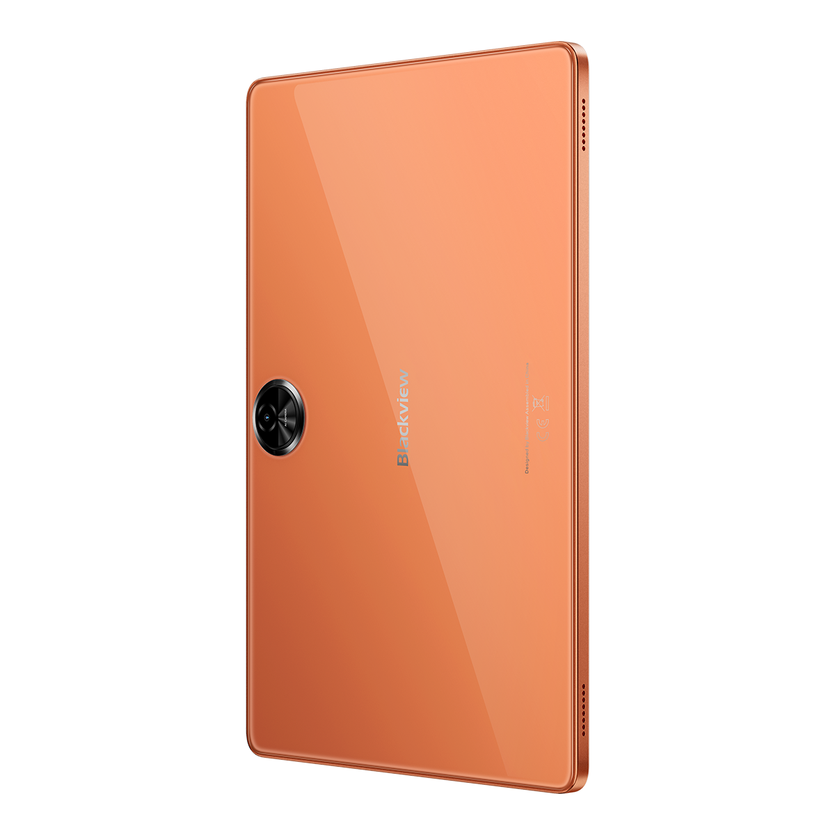 Tableta naranja con lente de cámara circular y el logo 'Blackview' en la parte trasera.