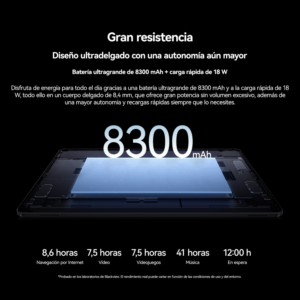 Tableta delgada con batería de 8300 mAh, muestra tiempo de uso para internet, video, juegos.